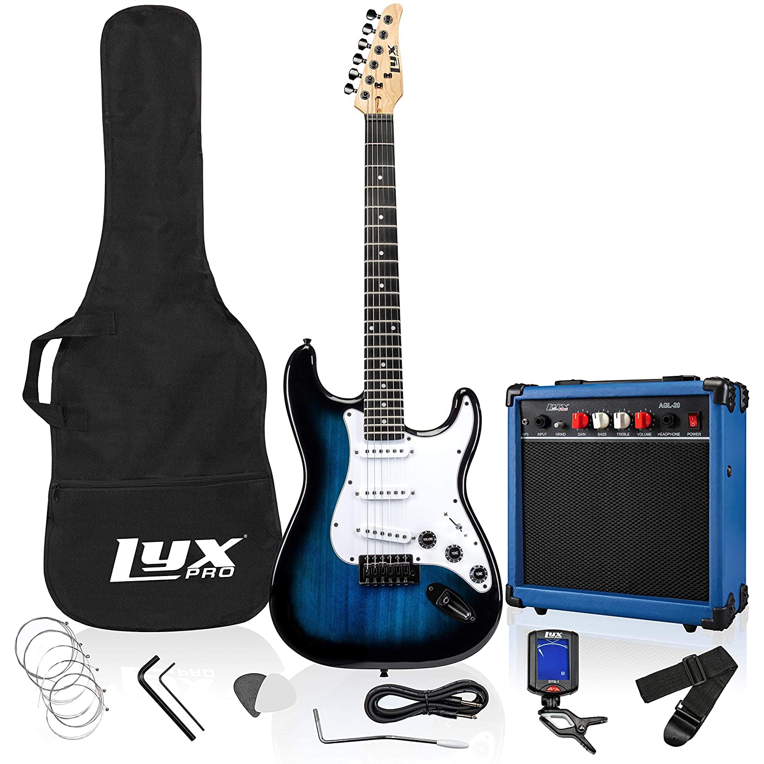 LyxPro 39 inch Electric Guitar Kit Bundle with 20w Amplifier, All Accessories, Digital Clip On Tuner, Six Strings, Two Picks, Tremolo Bar, Shoulder