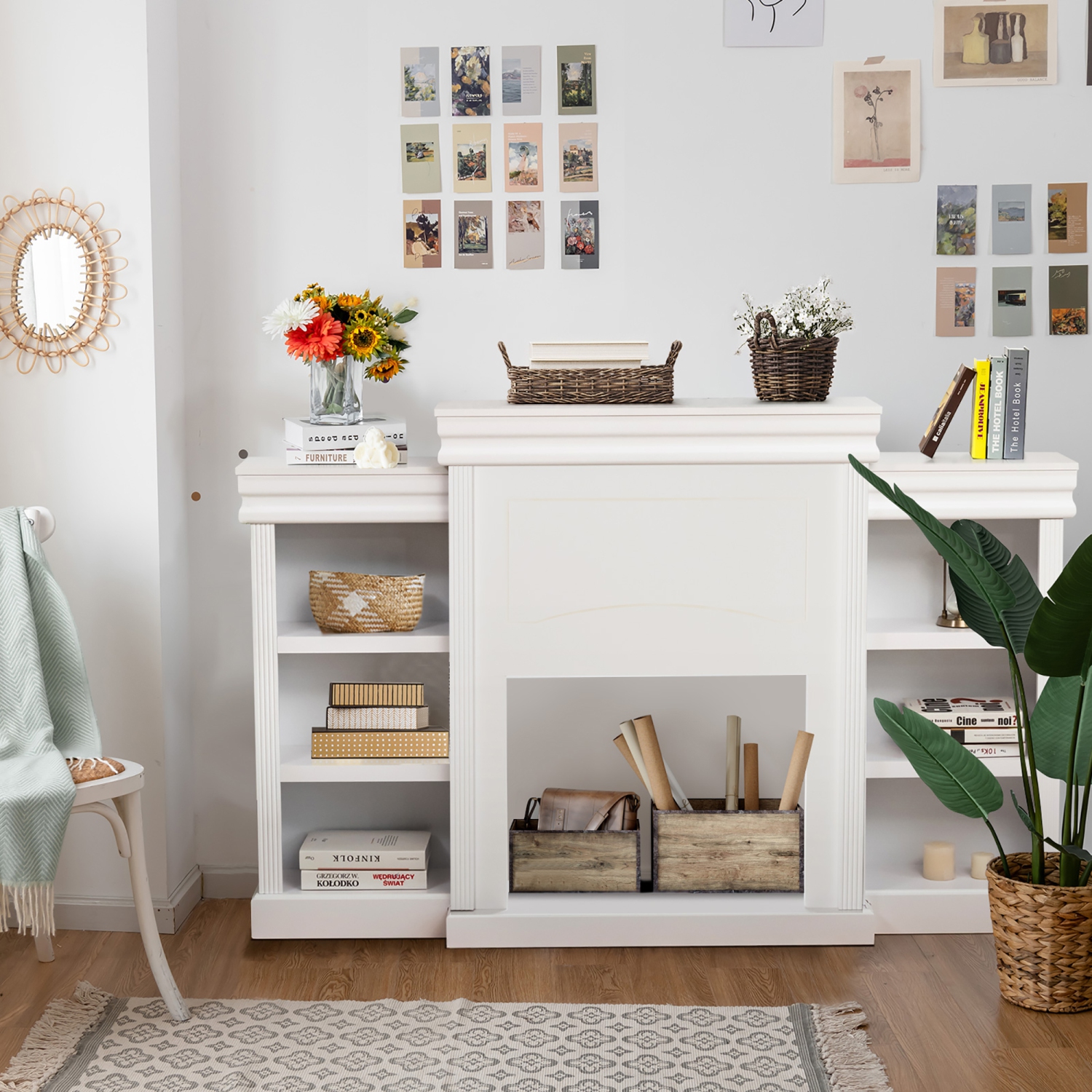 Meuble pour téléviseur 70 po avec foyer, bibliothèque moderne et centre de divertissement multimédia Costway