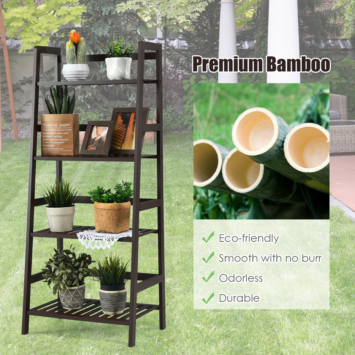 Costway 4-Tier Bamboo Ladder Shelf Plant Display Stand Rack Bookshelf Dark Brown