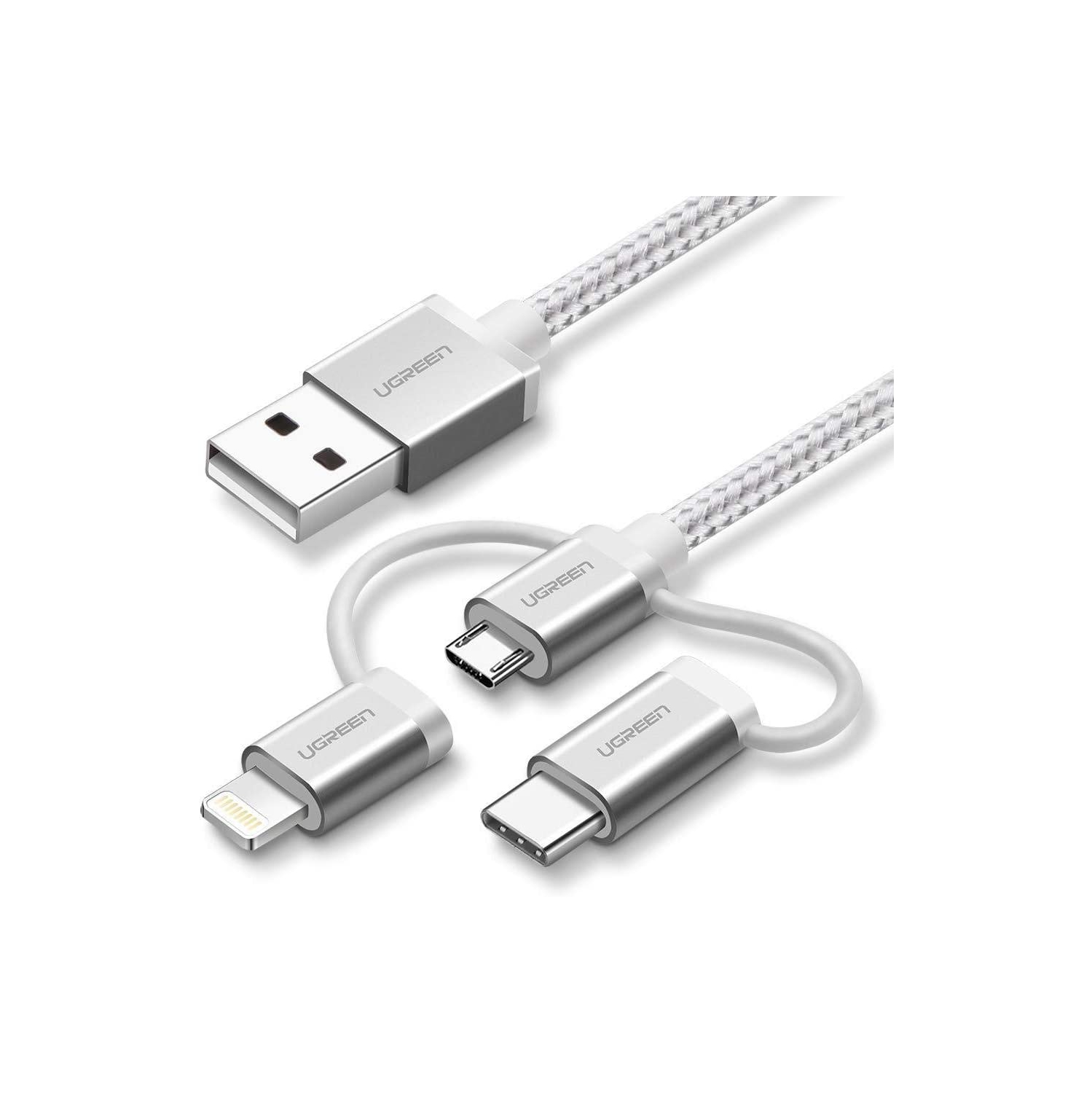 UGREEN Micro USB with Lightning & USB C 1.5M (3 in 1) Data Cable Silver White
