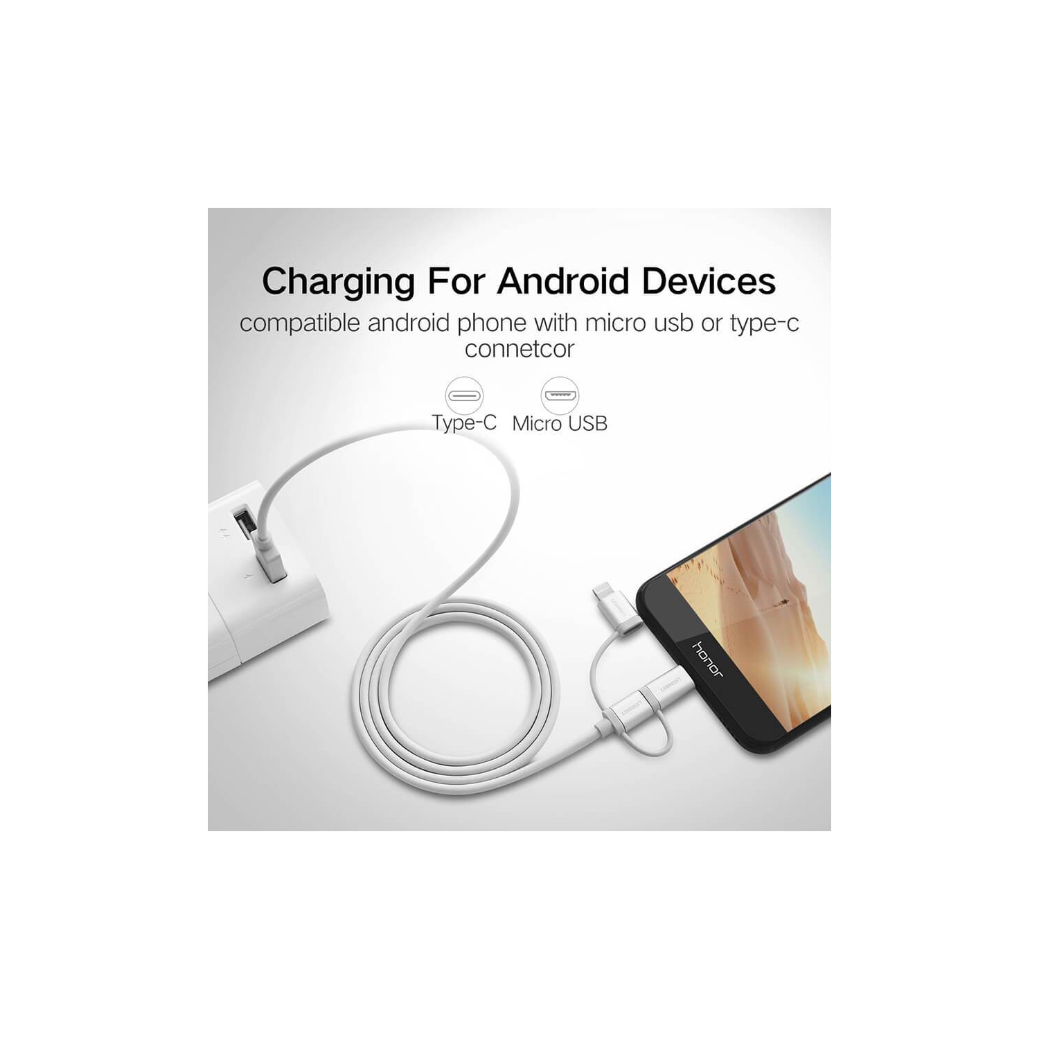 UGREEN Micro USB with Lightning & USB C 1.5M Data Cable Silver White