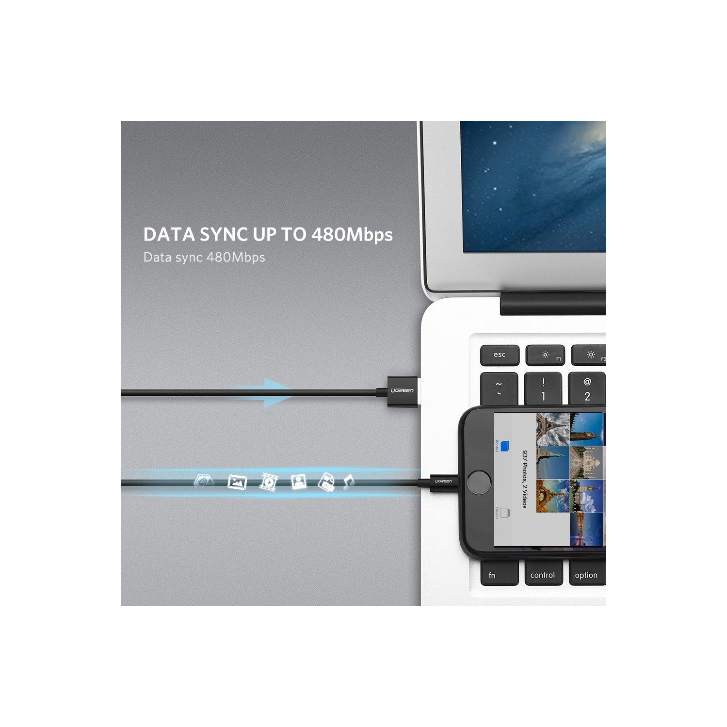 UGREEN Lightning to USB 2.0 Cable 3FT/1 M ABS Case MFi Certified Black