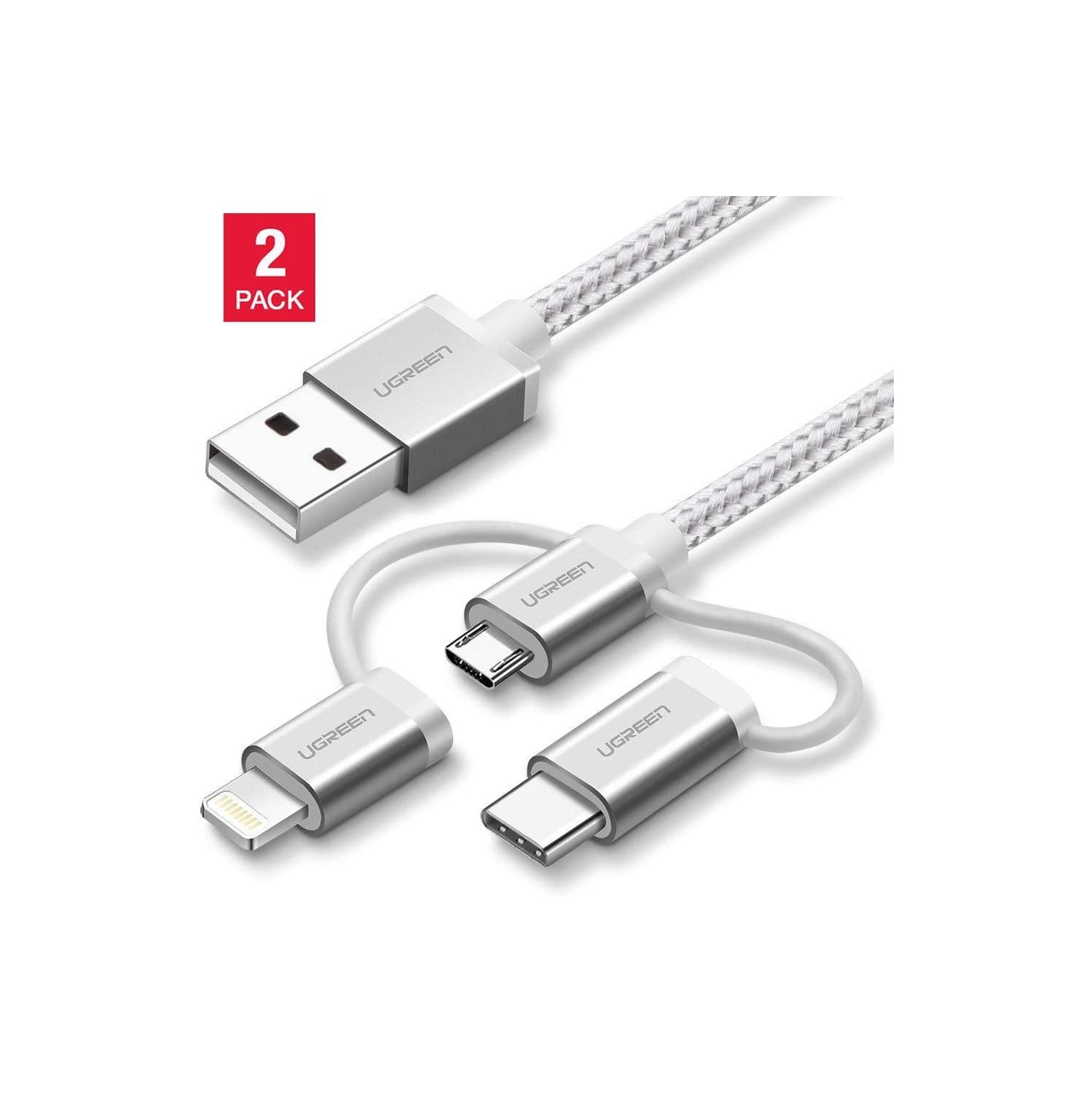 [2Pack] UGREEN Micro USB with Lightning & USB C 1.5M (3 in 1) Data Cable Silver White