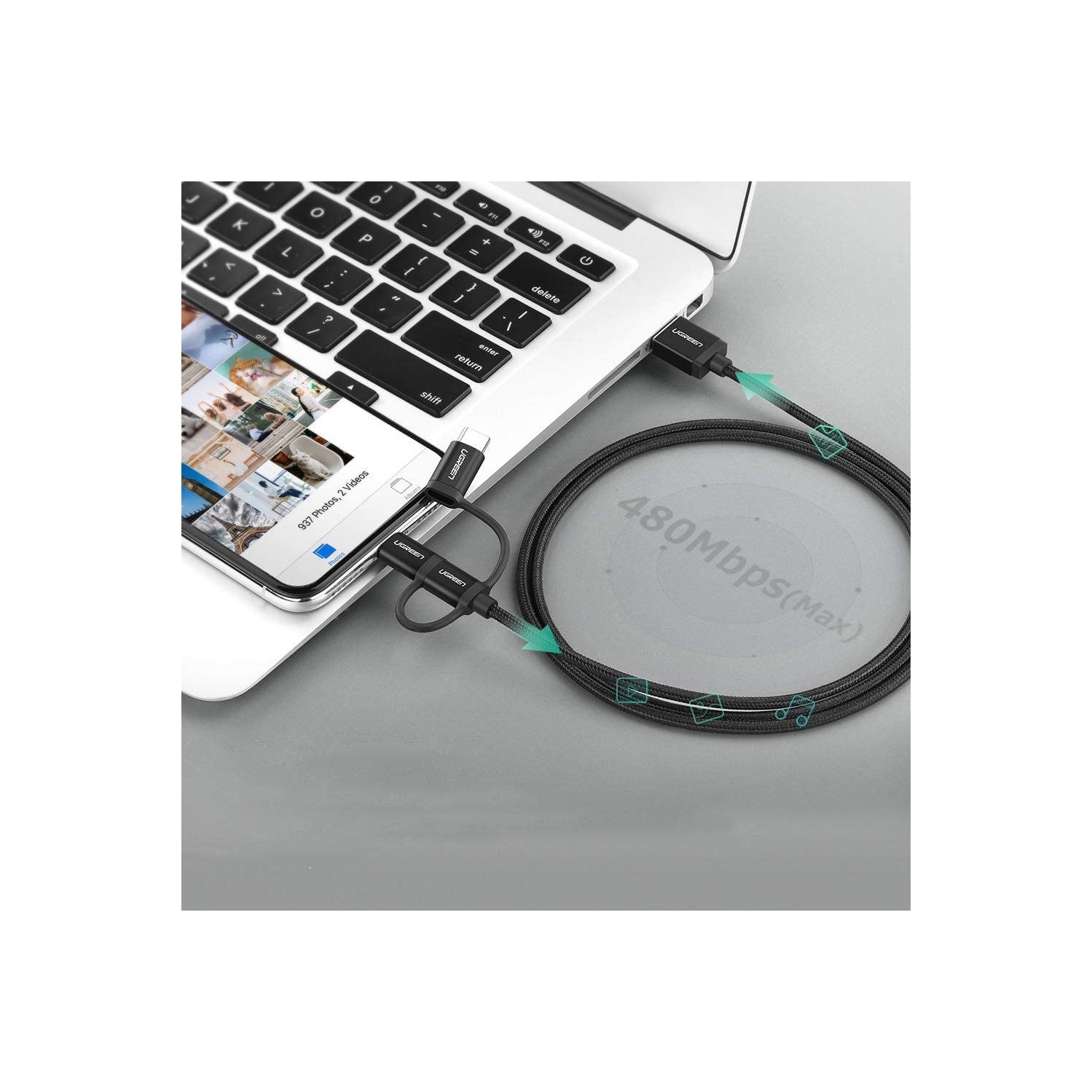 [2Pack] UGREEN Micro USB with Lightning & USB C 1.5M Data Cable Silver White