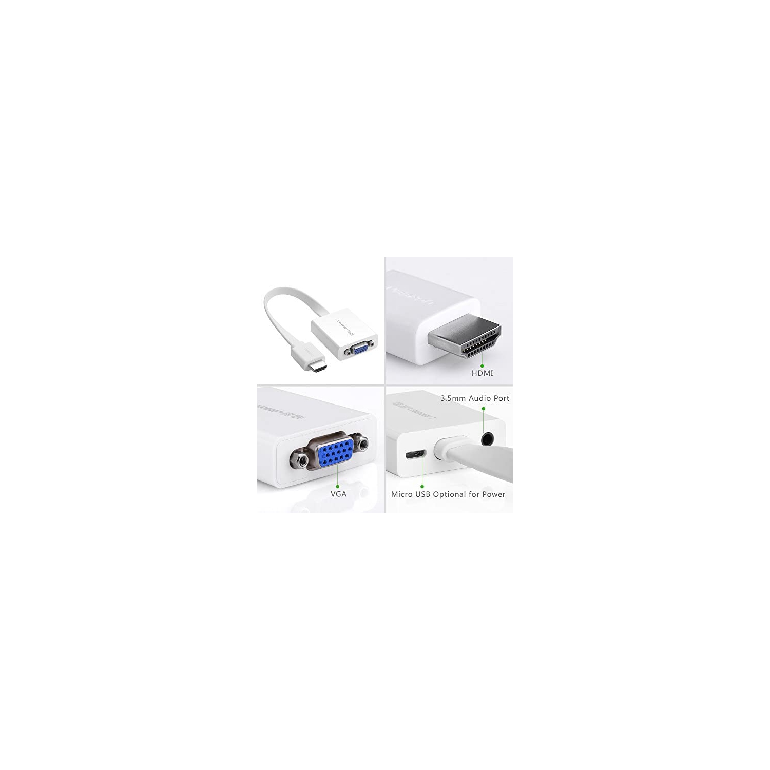 UGREEN HDMI to VGA Adapter with Audio Converter and Micro-USB Cable, White