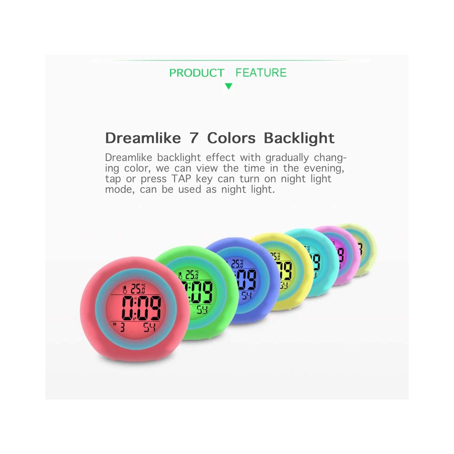 Green Alarm Clock for Kids , 7 Color Changing Night Light, Snooze Touch Control Temperature