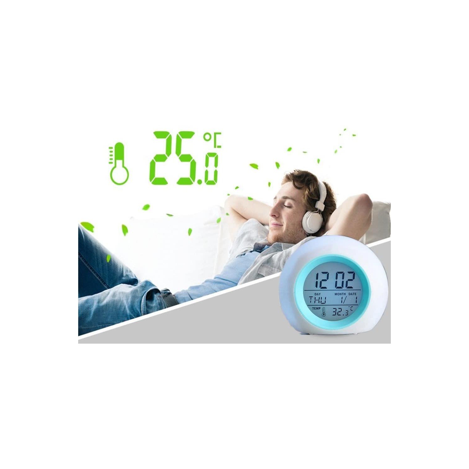Green Alarm Clock for Kids , 7 Color Changing Night Light, Snooze Touch Control Temperature
