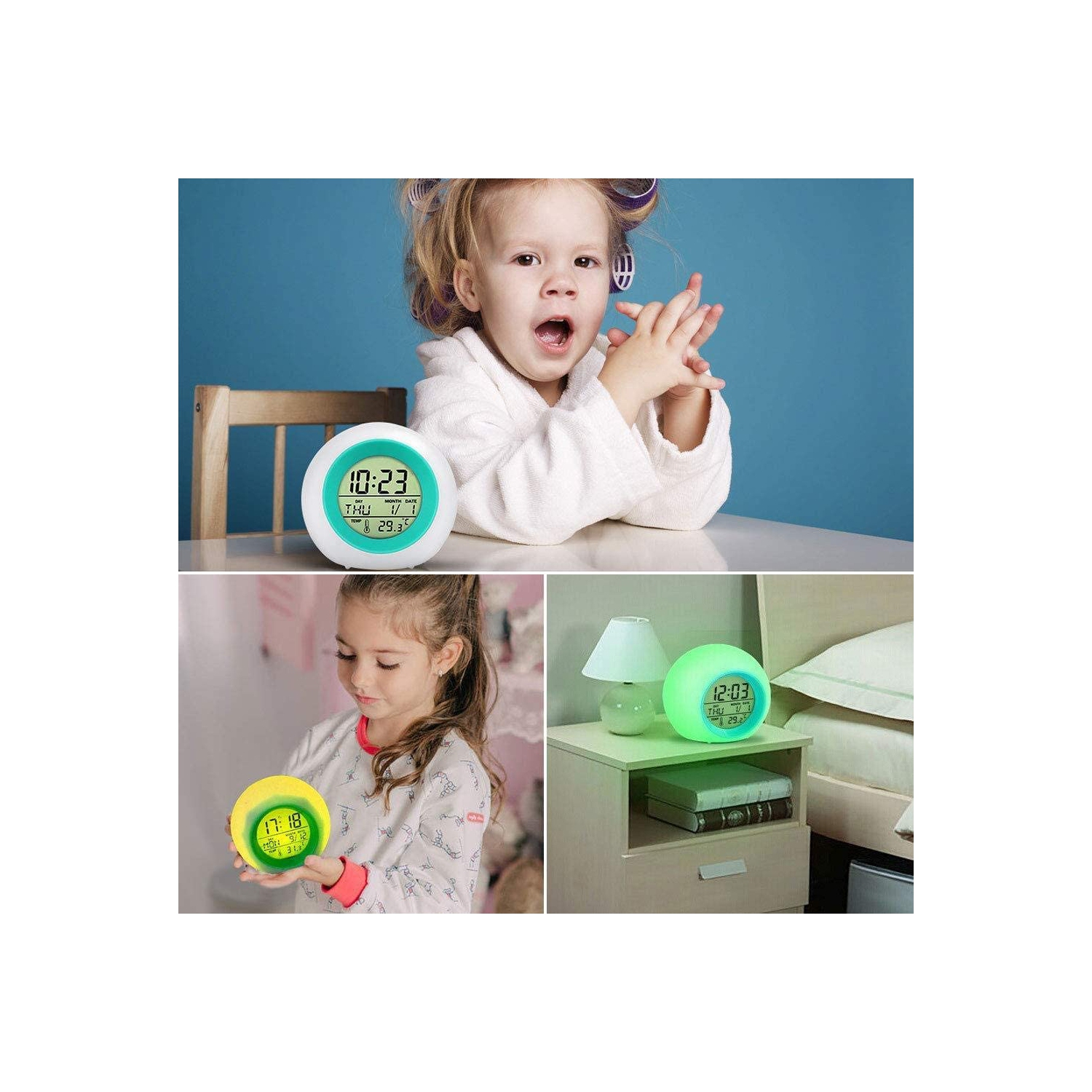 Réveil rose rouge pour enfants , veilleuse à 7 couleurs variables, commande de température Snooze Touch