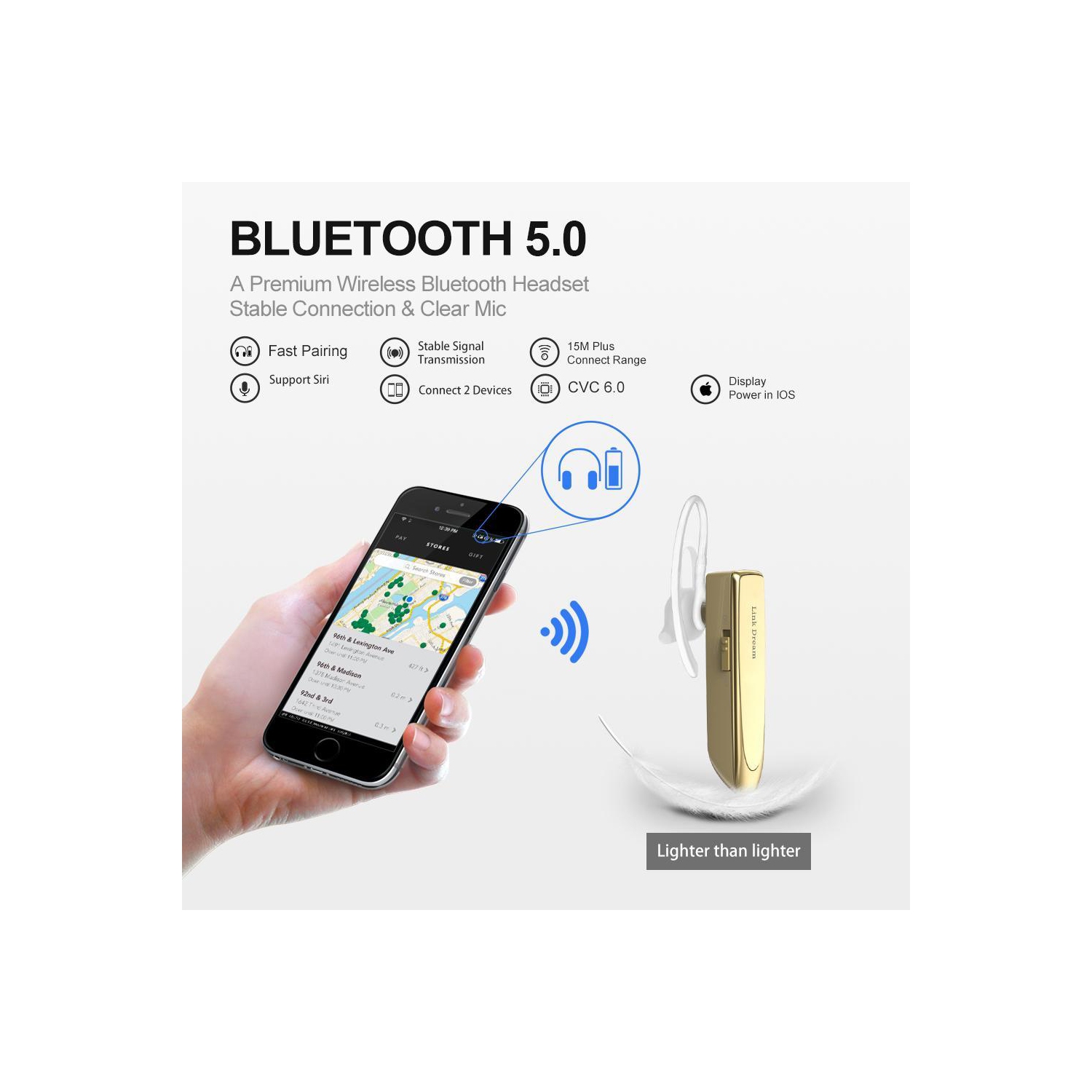 Single Ear Wireless Earphones 24 hrs In Ear Earphone Gold