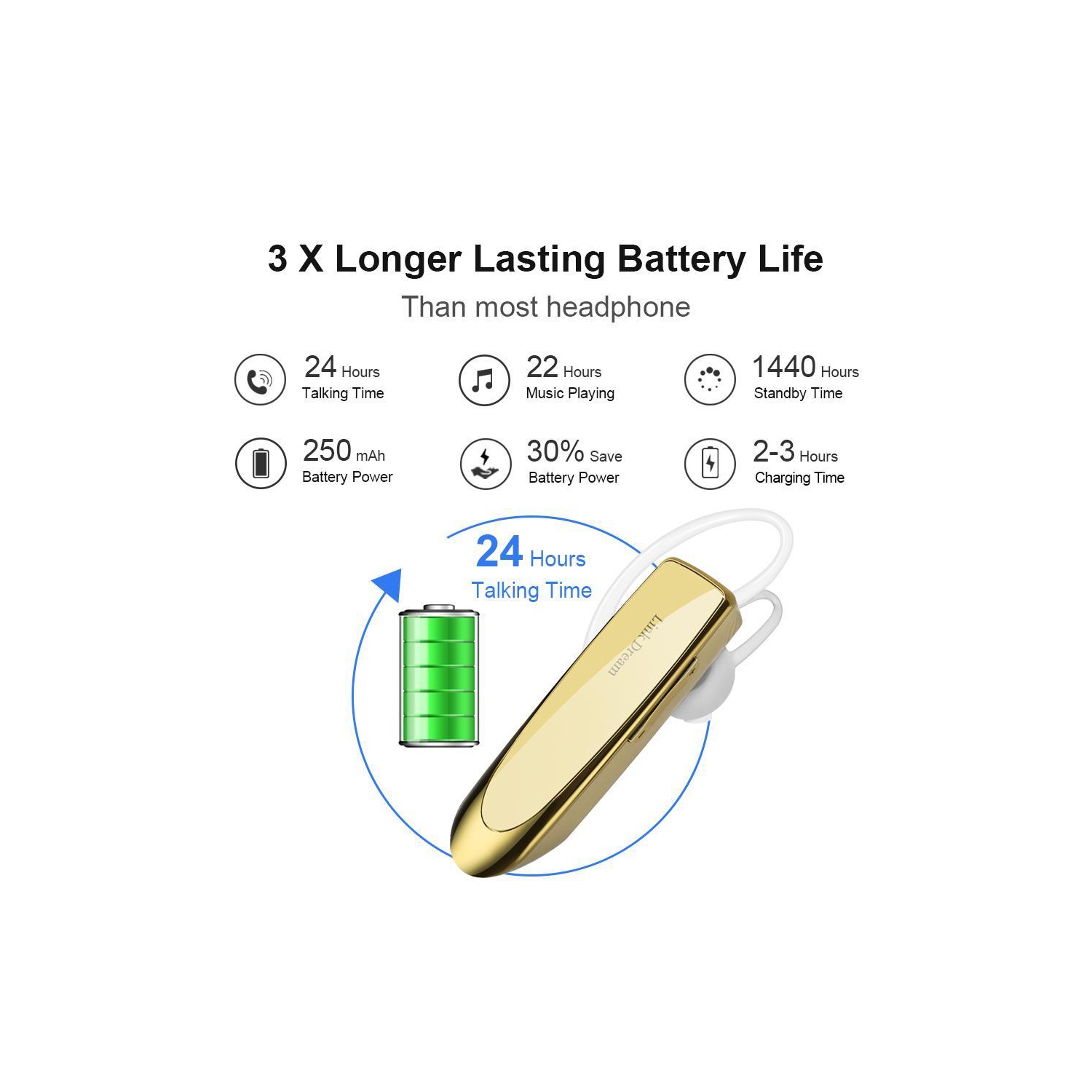 Single Ear Wireless Earphones 24 hrs In Ear Earphone Gold