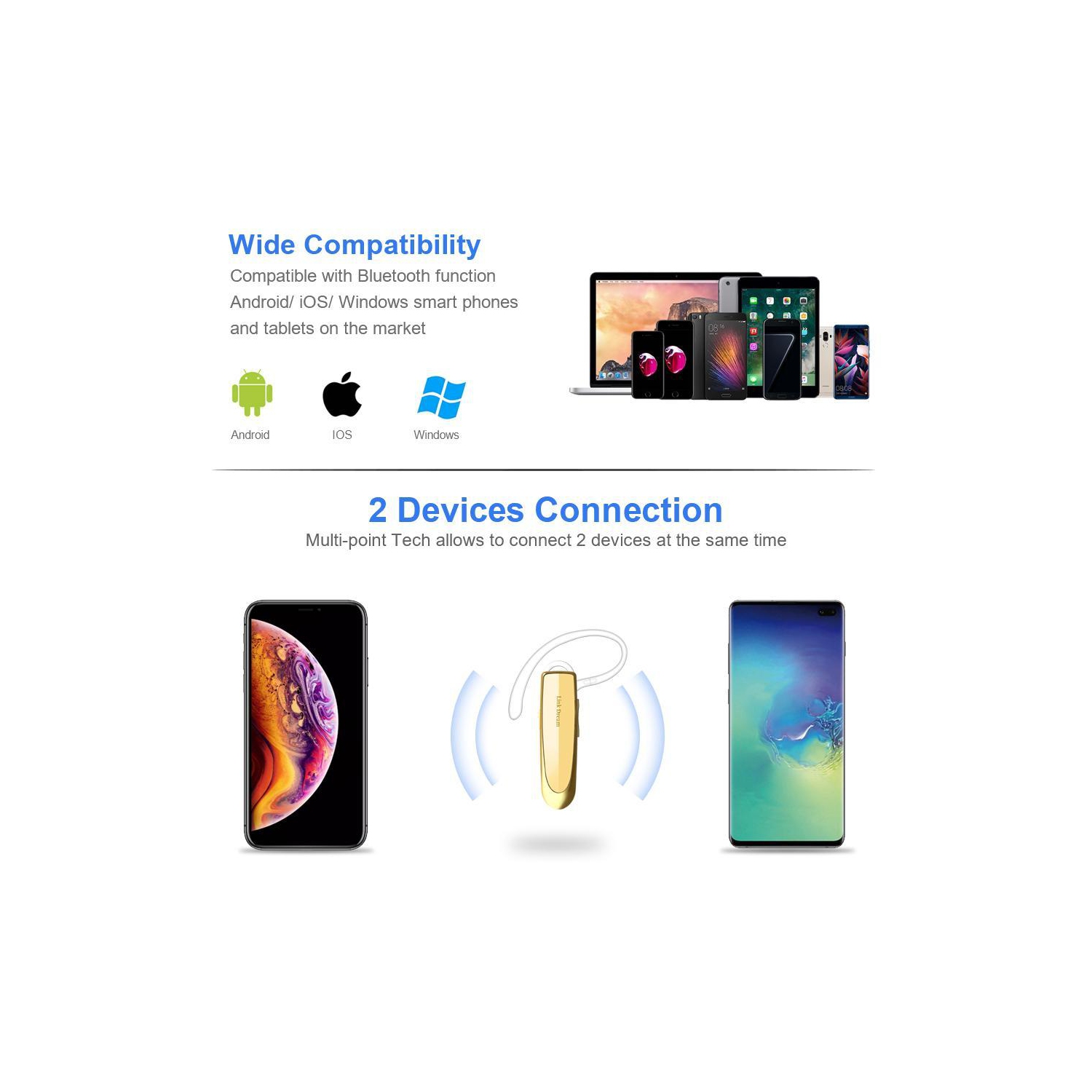 Single Ear Wireless Earphones 24 hrs In Ear Earphone Gold