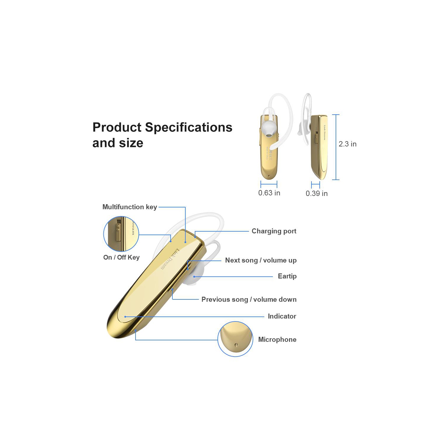 Single Ear Wireless Earphones 24 hrs In Ear Earphone Gold