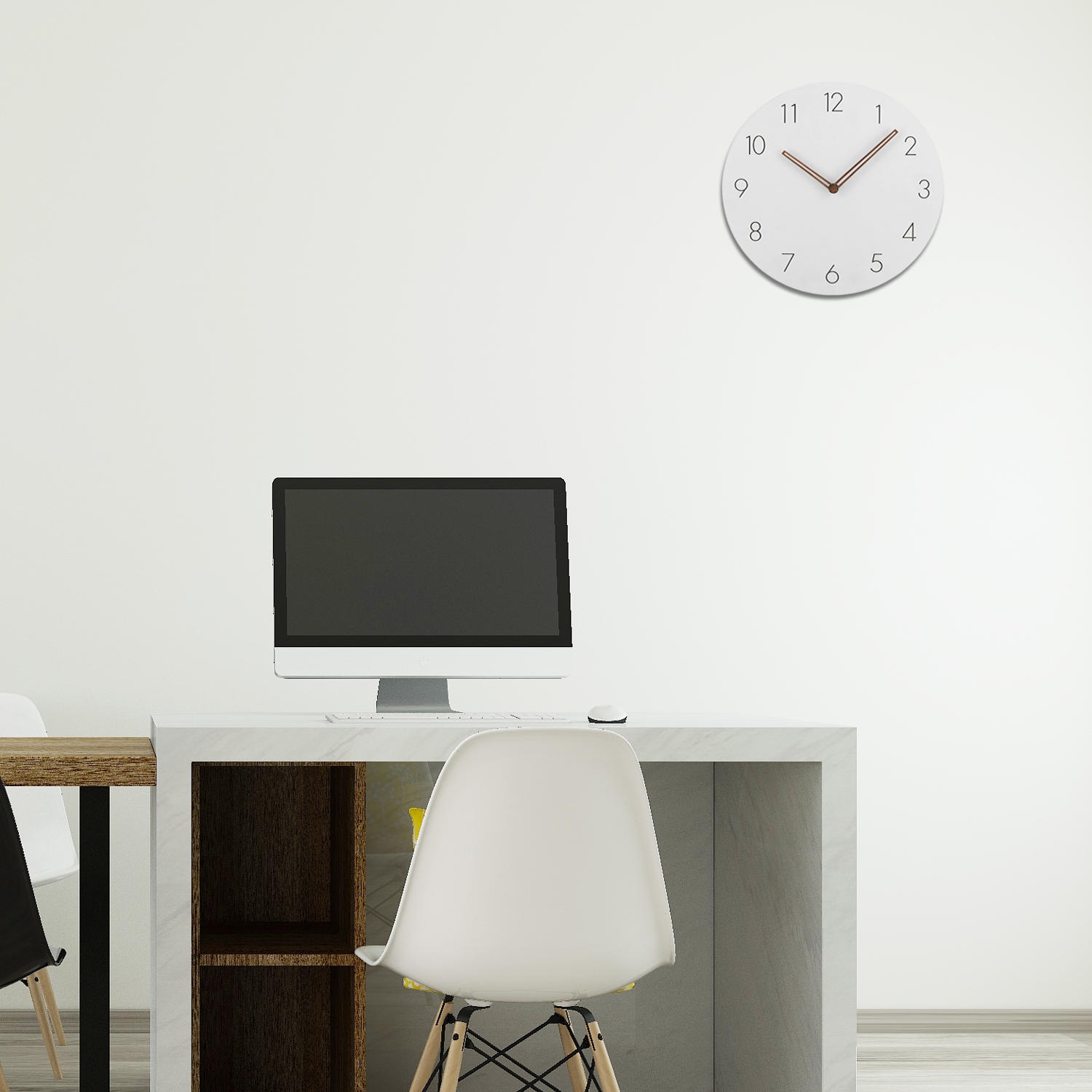 Modern 12" Round Wall Clock, Non-Ticking, White