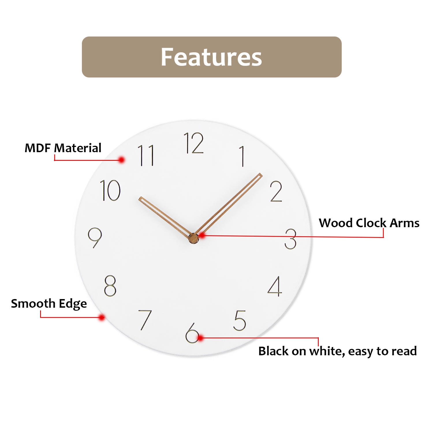 Modern 12" Round Wall Clock, Non-Ticking, White