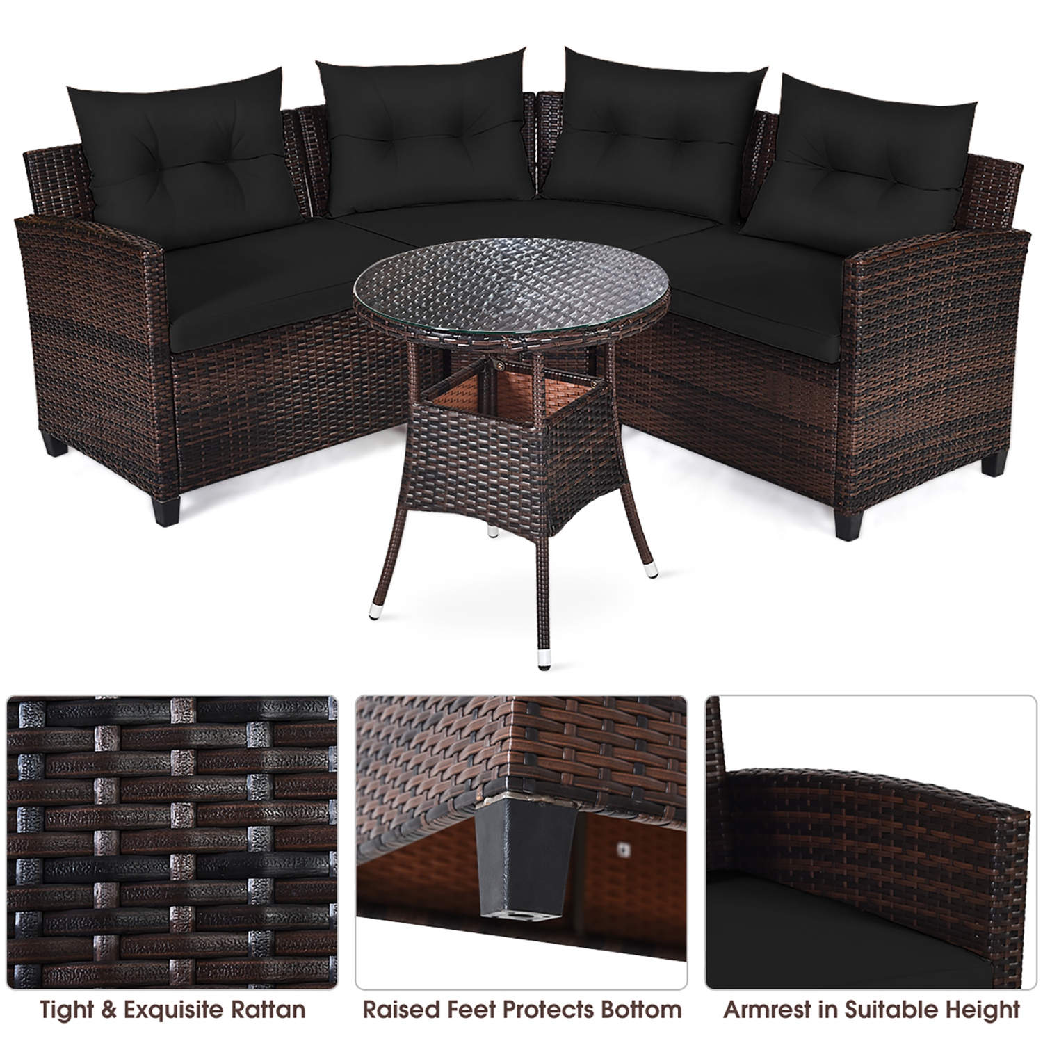 Costway 4PCS Outdoor Patio Rattan Furniture Set Cushioned Sofa Table