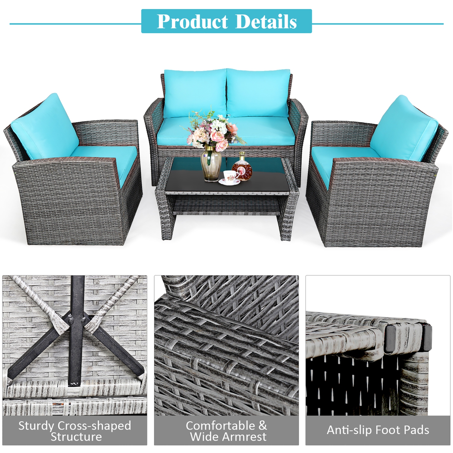 Costway 4PCS Patio Rattan Furniture Set Sofa Table W/Storage Shelf And Cushion