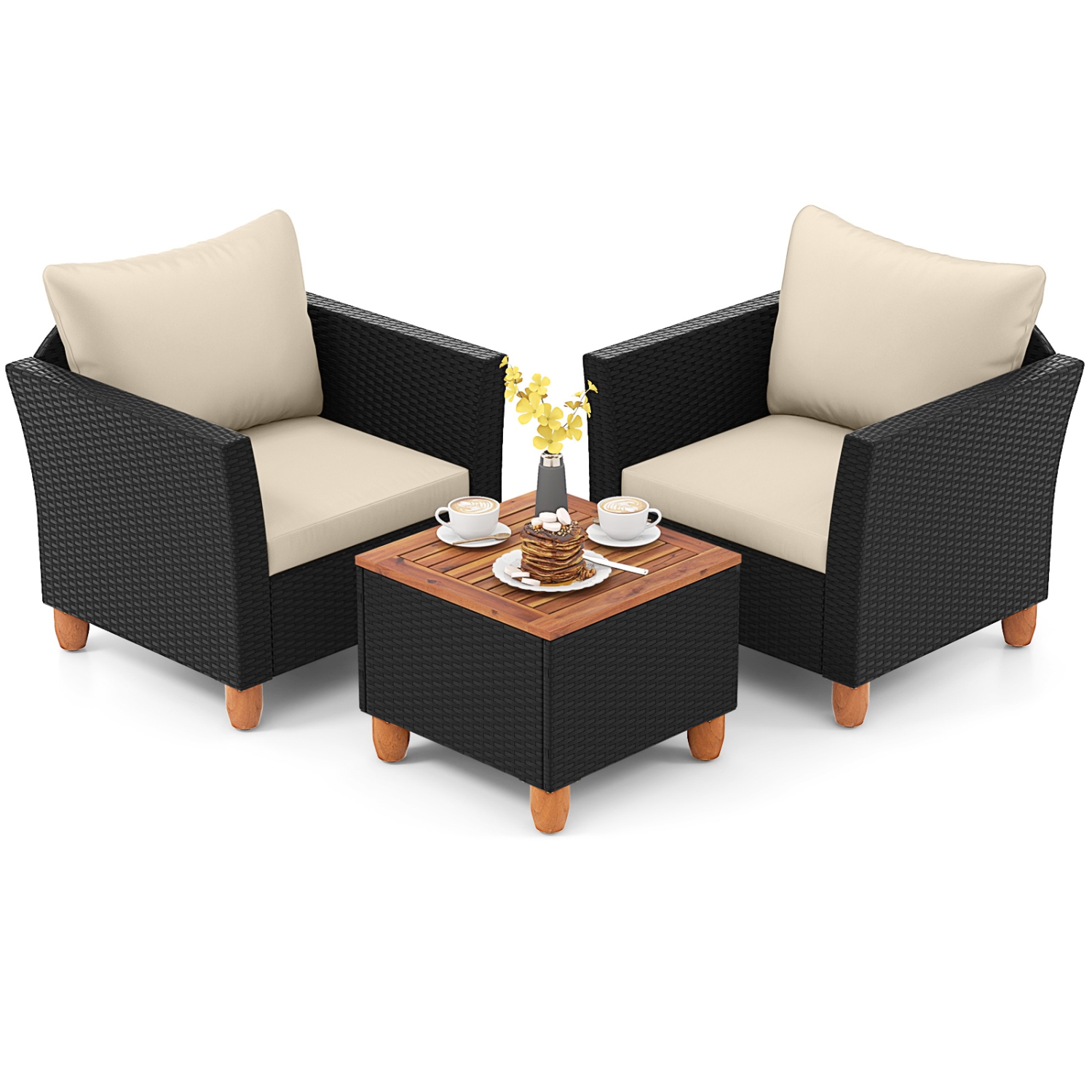 Costway 3PCS Outdoor Patio Rattan Furniture Set Wooden Table Top Cushioned Sofa Black