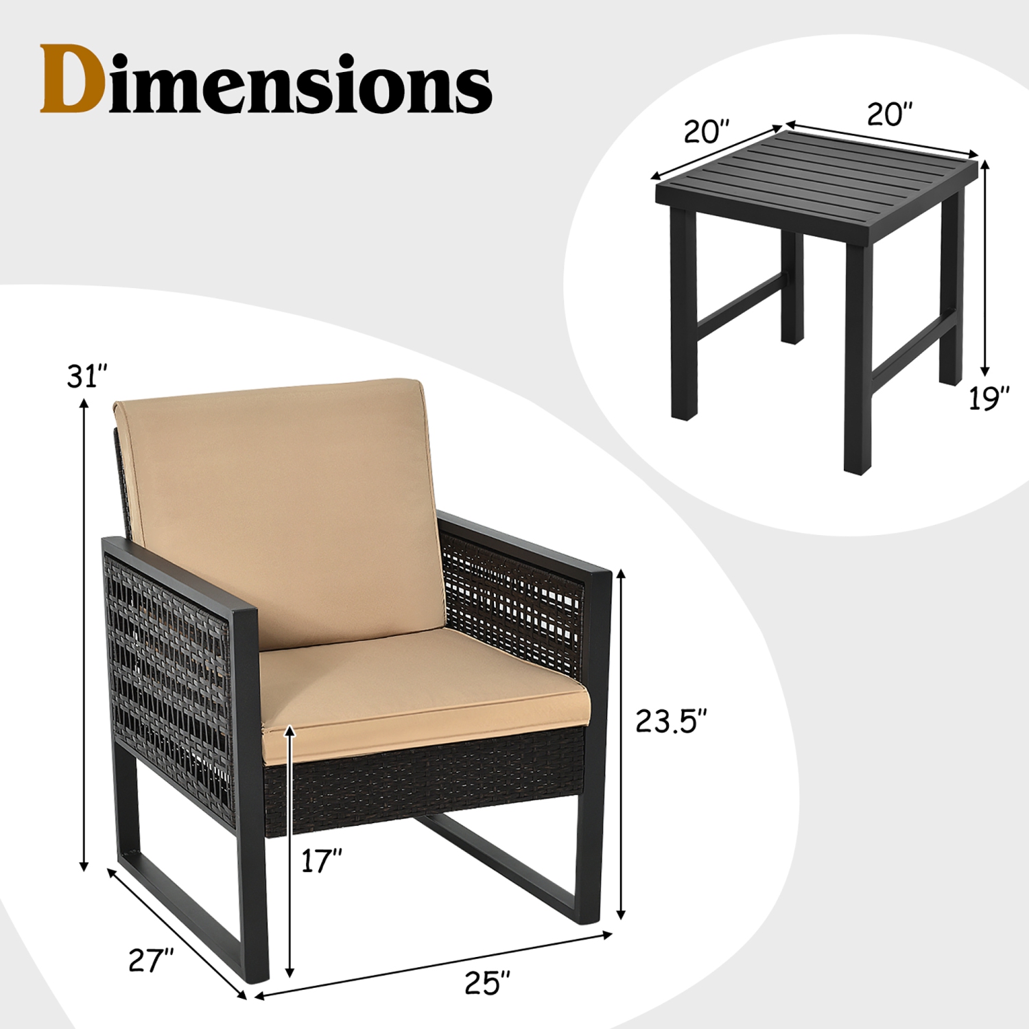 Ensemble de meubles de patio en rotin de terrasse 3 pièces Costway, Canapé rembourré, Chaise, Table basse, Jardin