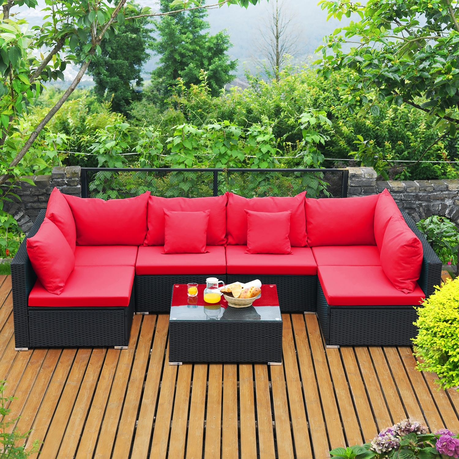 Costway 7PCS Patio Rattan Sofa Set Sectional Conversation Furniture Set Garden