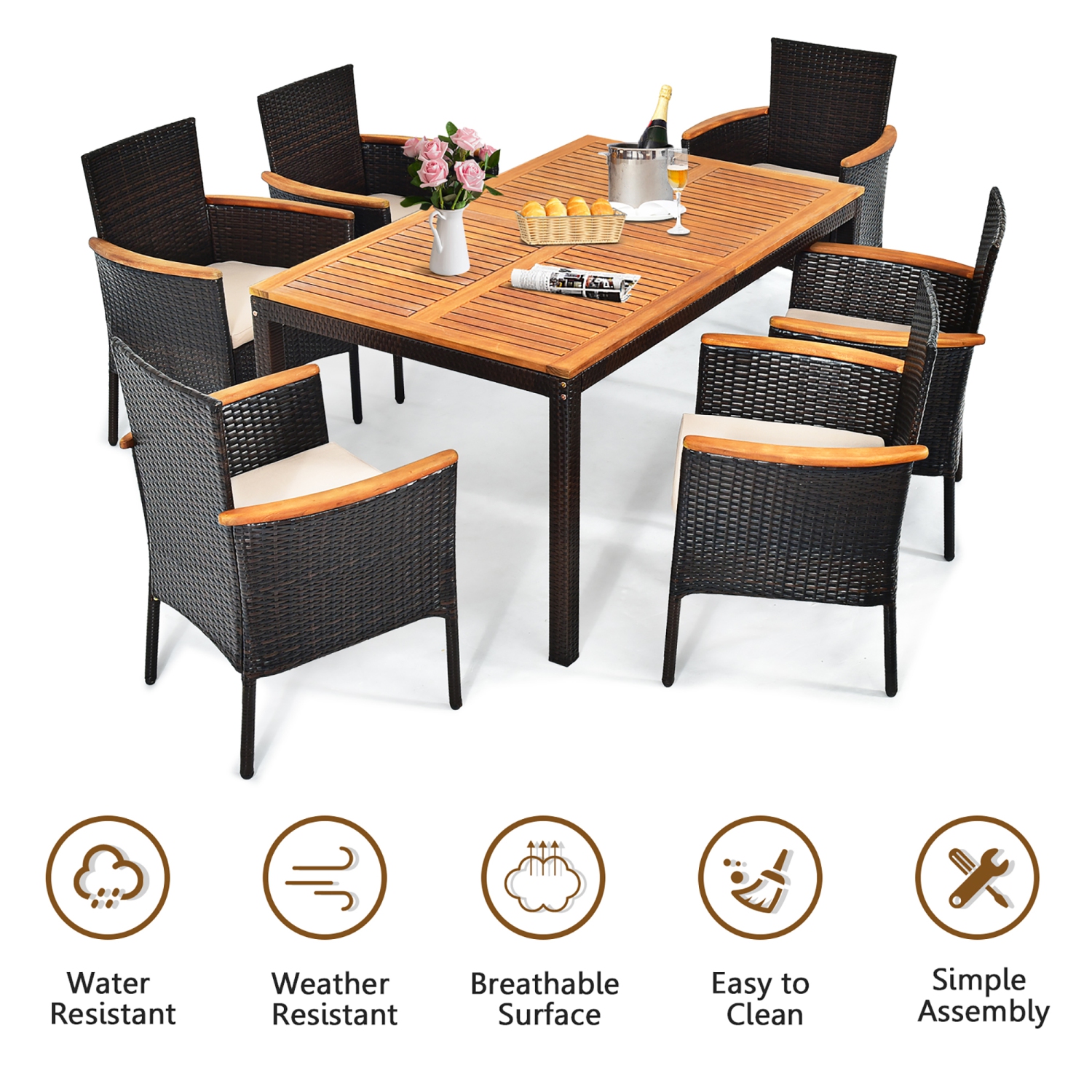 Costway 7PCS Patio Rattan Dining Set Armrest Cushioned Chair Wooden Tabletop