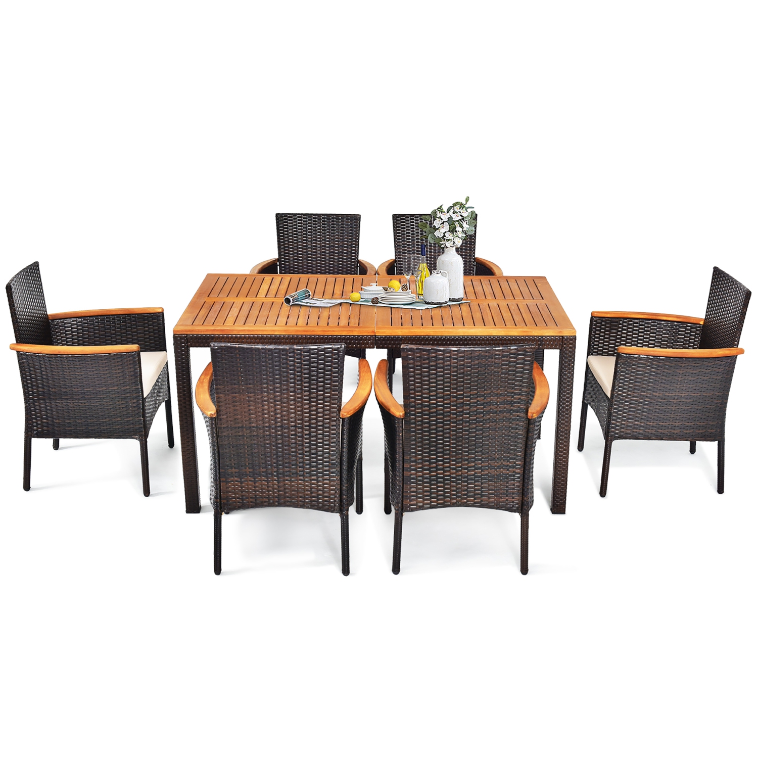 Costway 7PCS Patio Rattan Dining Set Armrest Cushioned Chair Wooden Tabletop