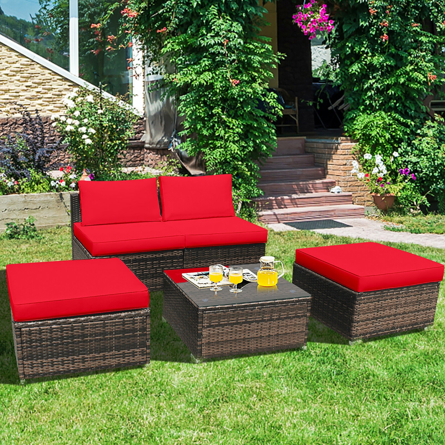 Costway 5PCS Patio Rattan Wicker Furniture Set Armless Sofa Cushioned