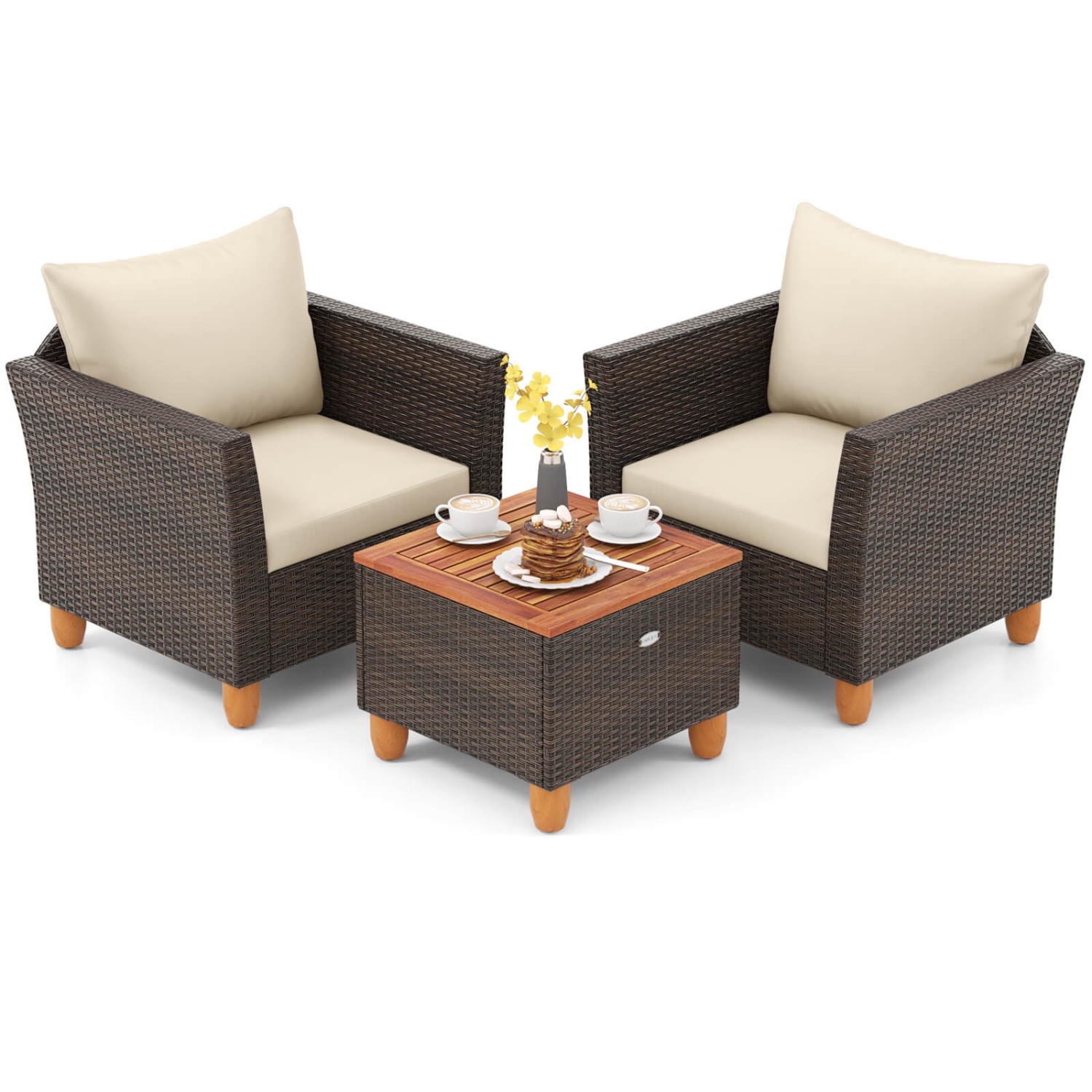 Costway 3 PCS Outdoor Patio Rattan Bistro Furniture Set Wooden Table Top Cushioned Sofa