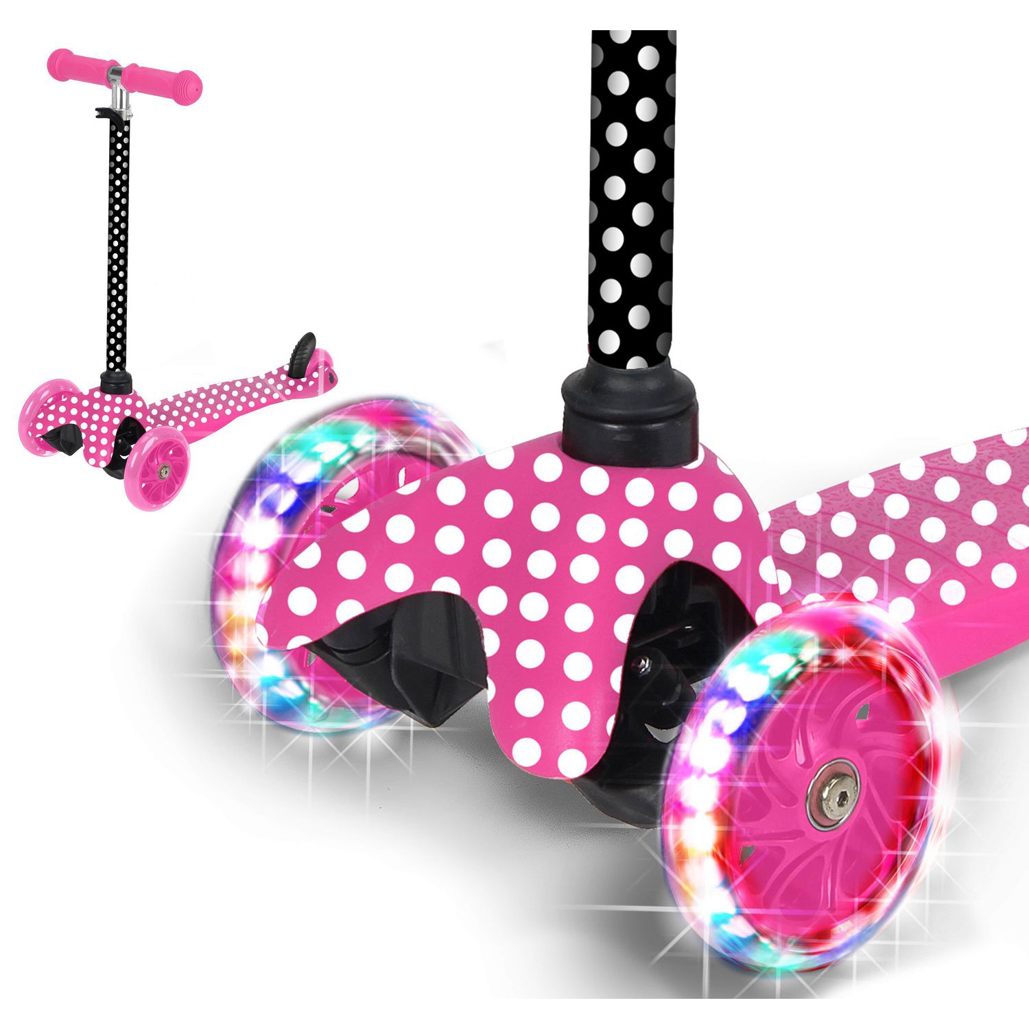 Rugged Racer Mini Deluxe 3-Wheel Scooter with LED Lights and Pink Polka Dot Design