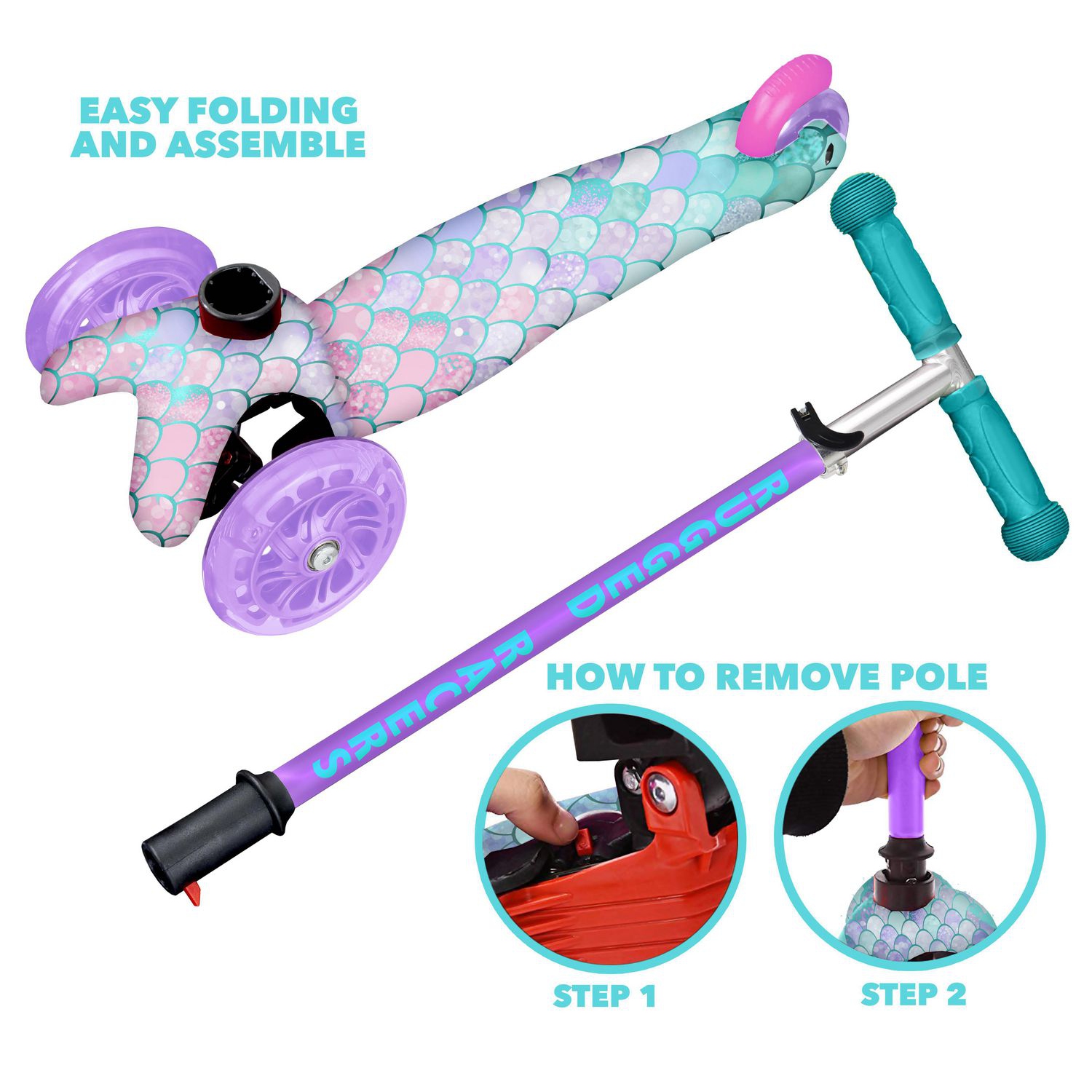 Trottinette de luxe à 3 roues avec lumières DEL Racer Mini, motif Mermaid Design