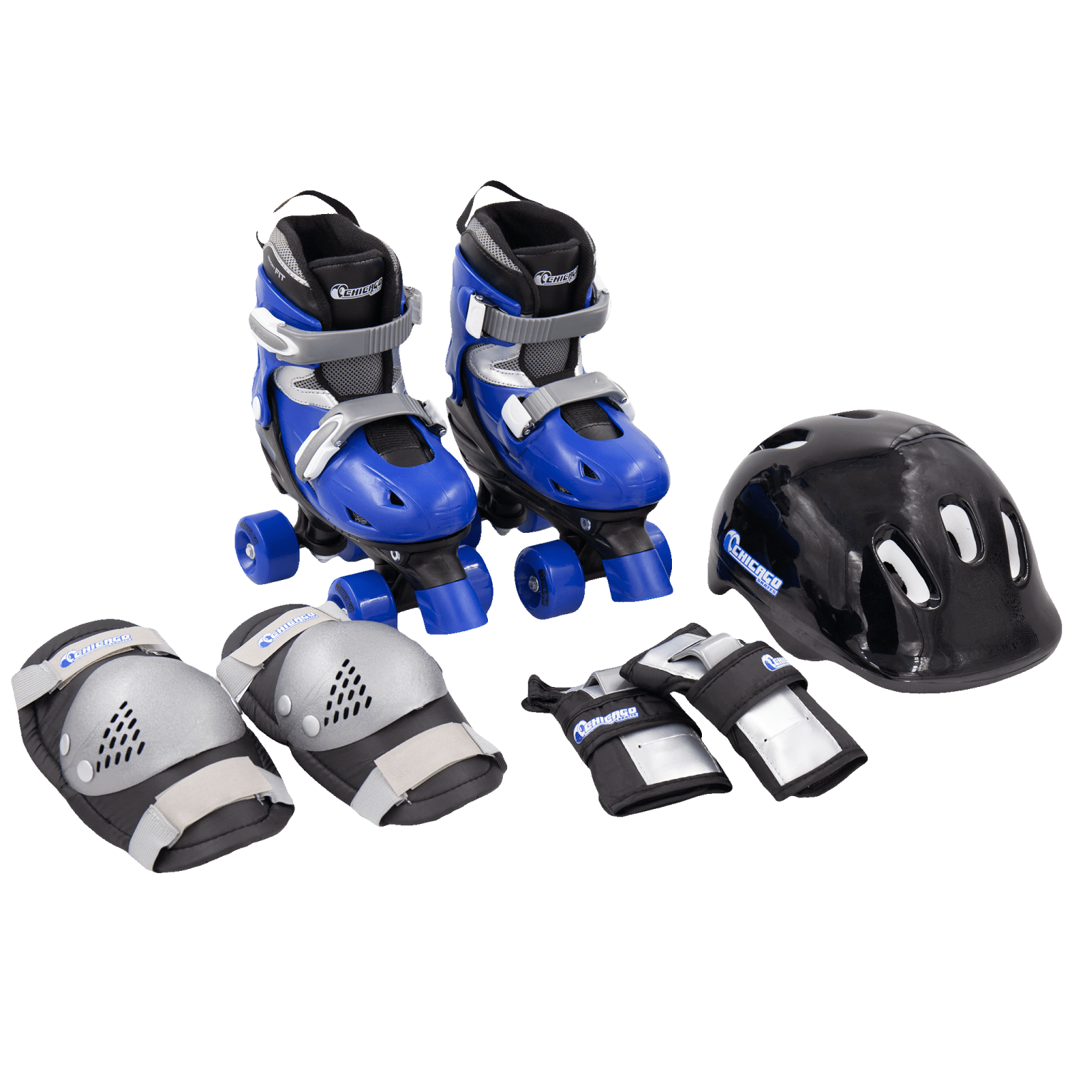 Chicago Skates Kids Adjustable Quad Rollerblades With Accessory Bundle, Blue, Size 1-4