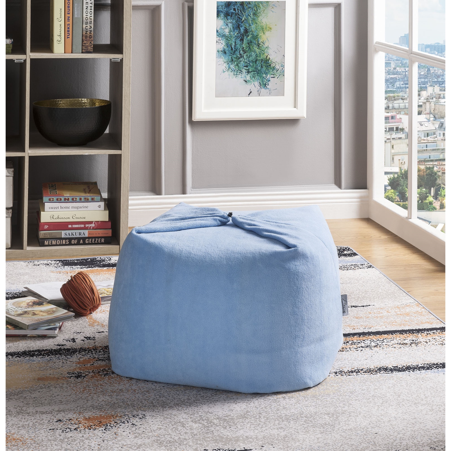 Loungie Jazmine Microplush Bean Bag Chair/Ottoman/Floor Pillow 3-in-1, Blue