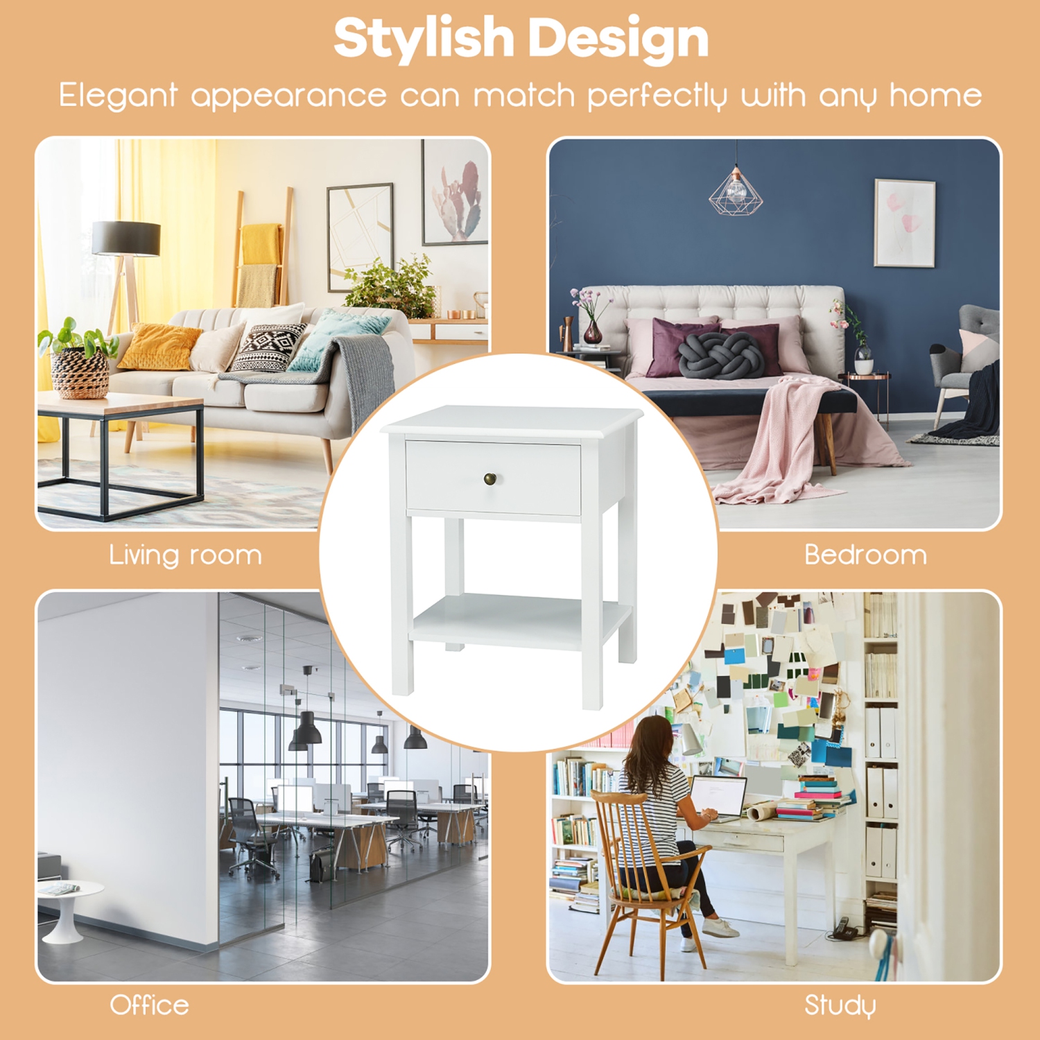 Costway End Table Nightstand Storage Display Drawer Shelf Beside Bedroom