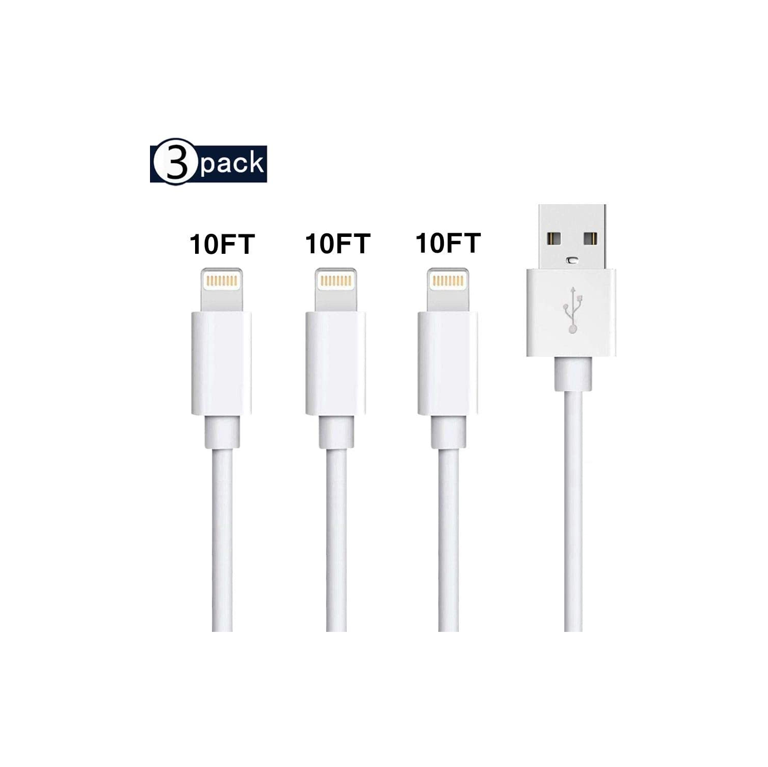 (3PACK) - [Apple MFi Certified] 3 metre/ 10ft iPhone/iPad Charging/Charger Cord Lightening to USB Cable Fast Charging and Syncing for iPads,iPods and iPhone 11/X/8/7/6s/6/plus/5s/5c/SE - WINGOMART