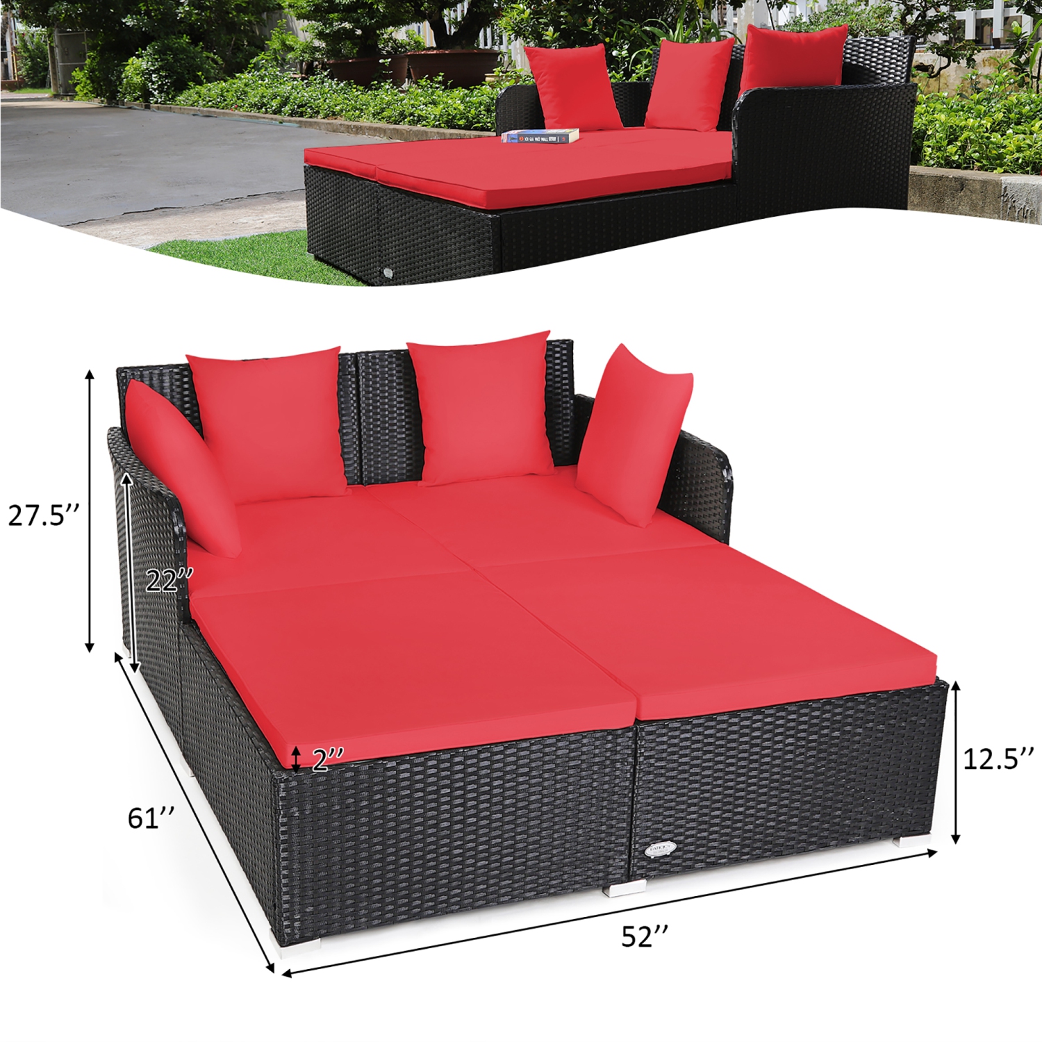 Costway Outdoor Patio Rattan Daybed Pillows Cushioned Sofa Furniture