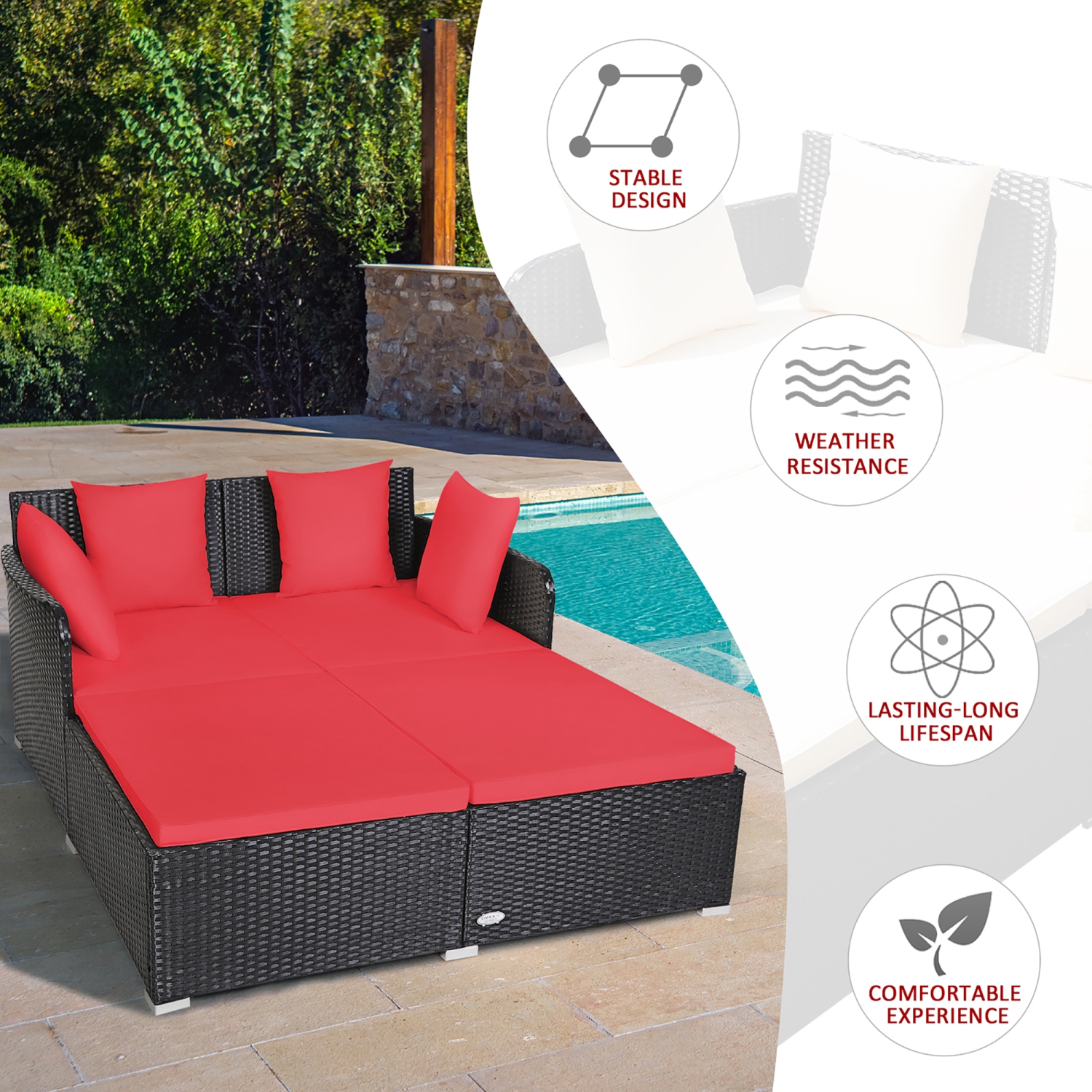 Costway Outdoor Patio Rattan Daybed Pillows Cushioned Sofa Furniture