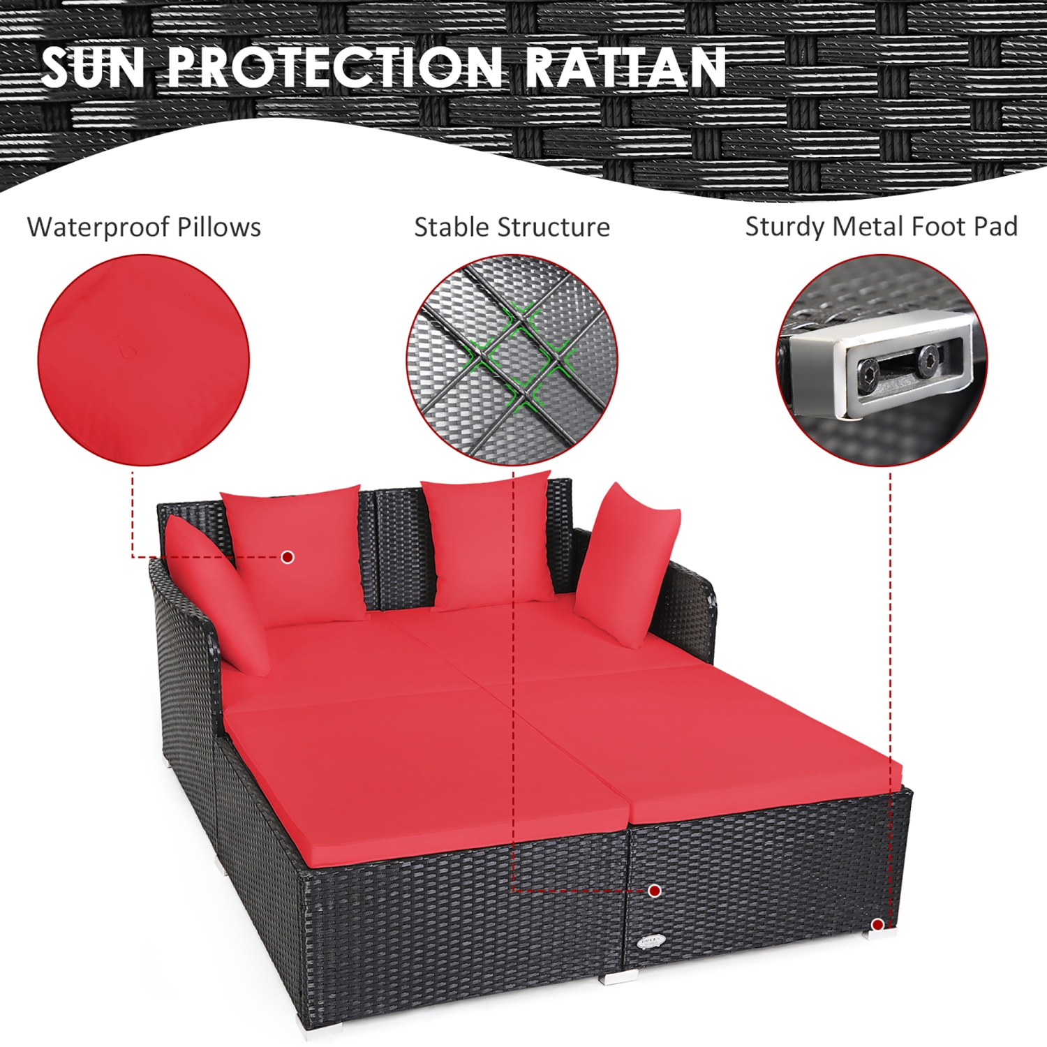 Costway Outdoor Patio Rattan Daybed Pillows Cushioned Sofa Furniture