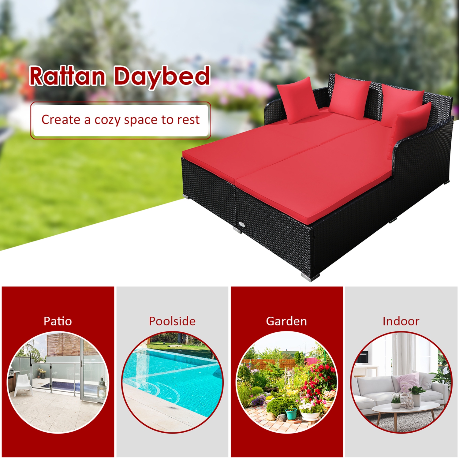 Costway Outdoor Patio Rattan Daybed Pillows Cushioned Sofa Furniture