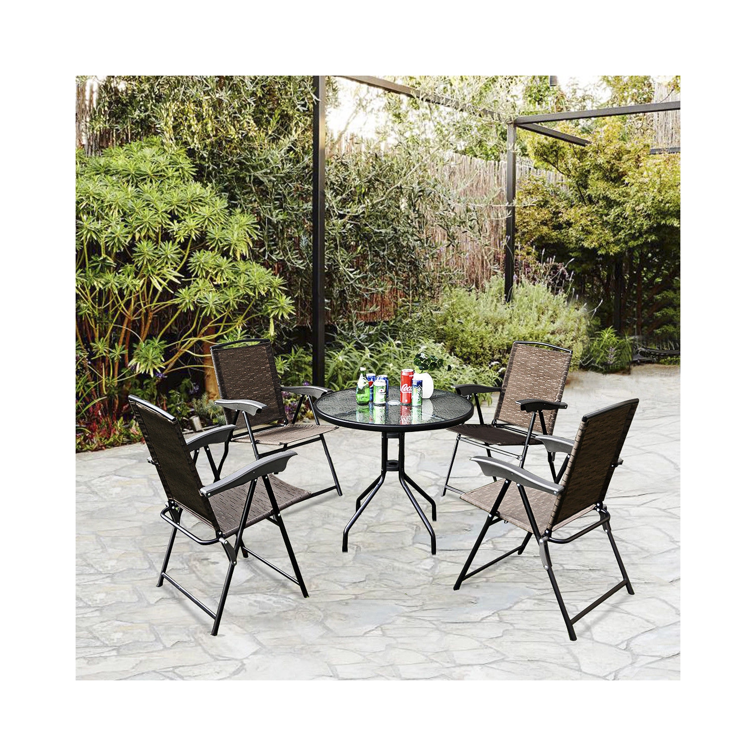 5PCS Outdoor Bistro Set Glass Table Patio Furniture W/ 4 Adjustable Chairs