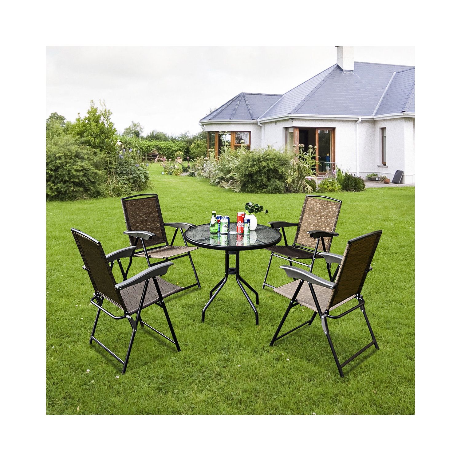 5PCS Outdoor Bistro Set Glass Table Patio Furniture W/ 4 Adjustable Chairs