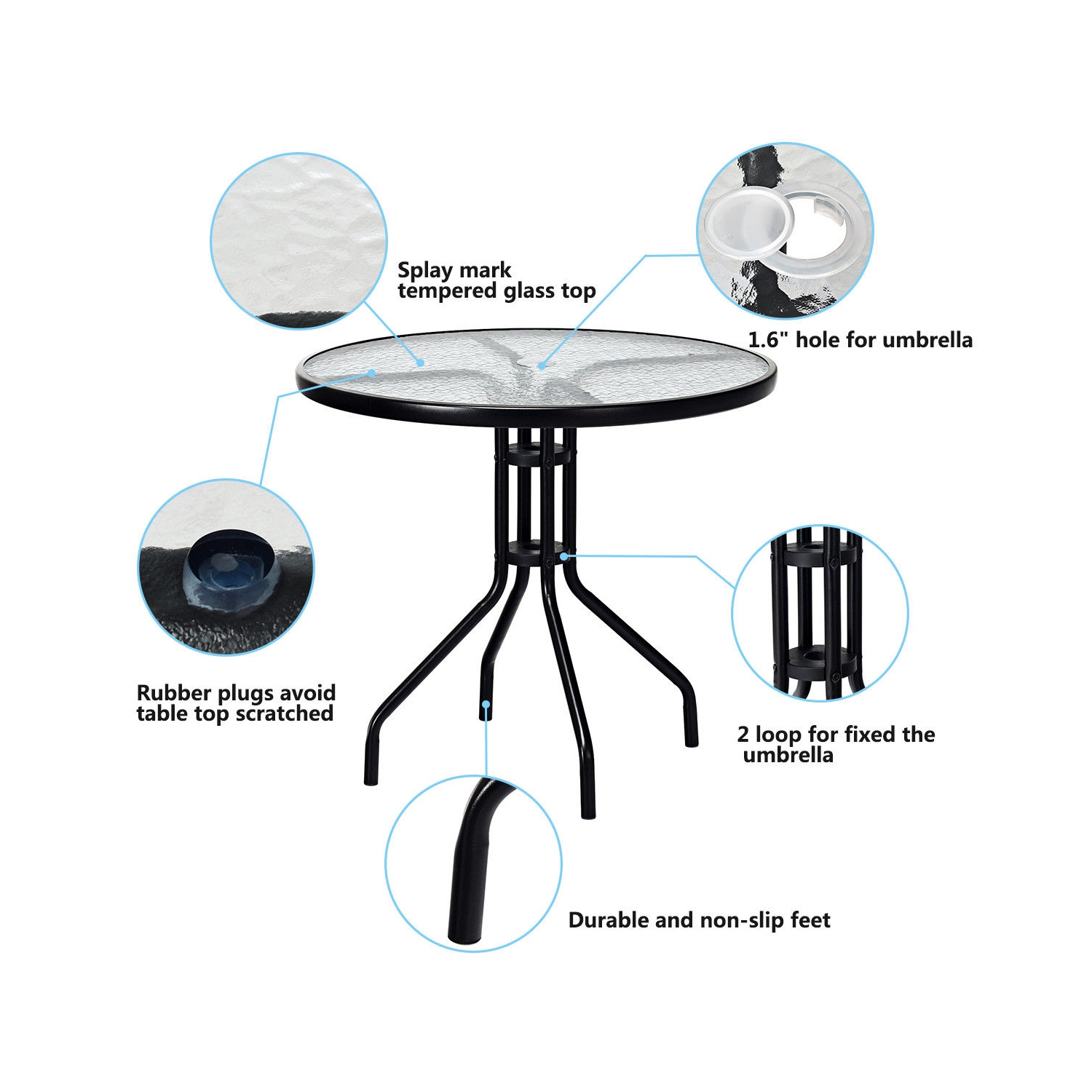 5PCS Outdoor Bistro Set Glass Table Patio Furniture W/ 4 Adjustable Chairs