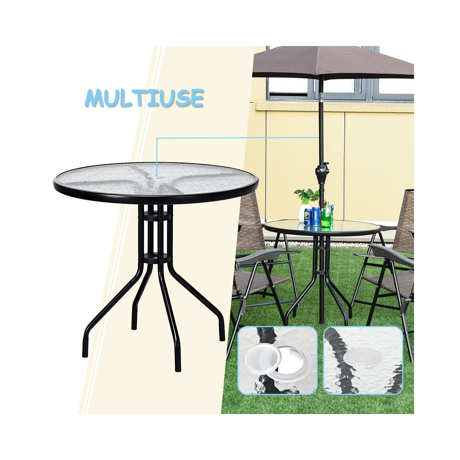 5PCS Outdoor Bistro Set Glass Table Patio Furniture W/ 4 Adjustable Chairs