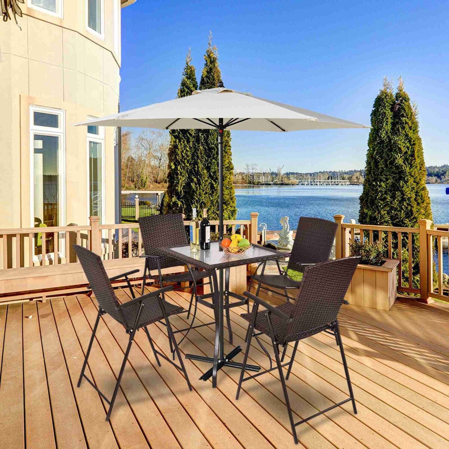 Costway 5Pcs Patio Dining Set 4 Rattan Bar Stool Folding Chair Bar Table with Glass Top