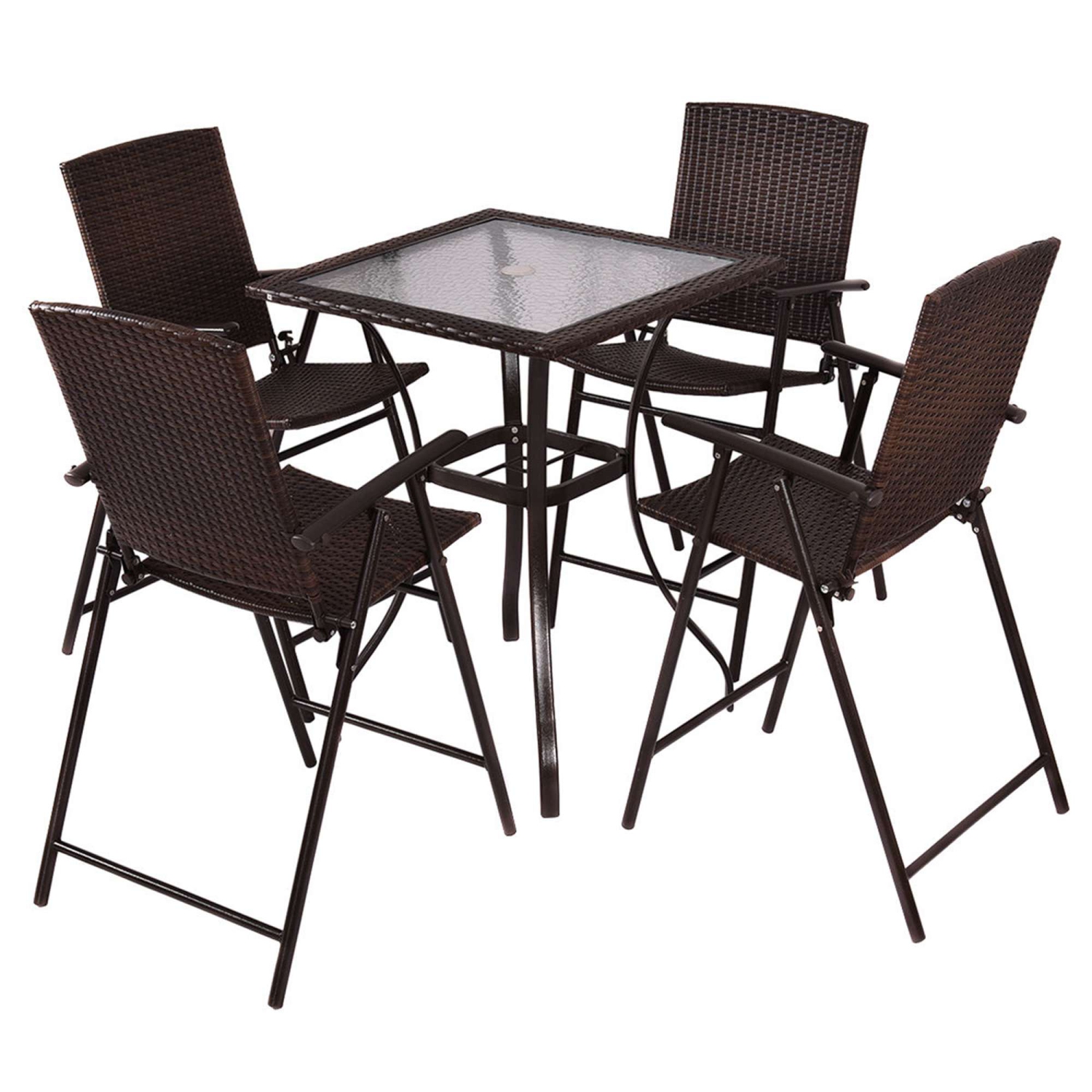 Costway 5Pcs Patio Dining Set 4 Rattan Bar Stool Folding Chair Bar Table with Glass Top