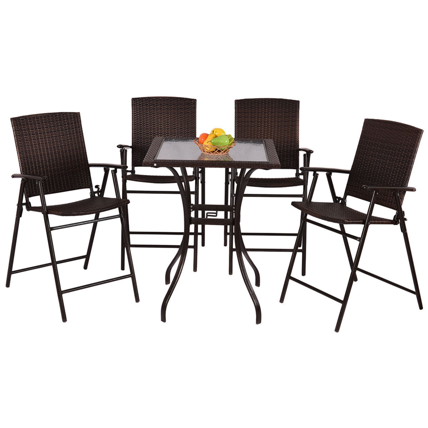 Costway 5Pcs Patio Dining Set 4 Rattan Bar Stool Folding Chair Bar Table with Glass Top