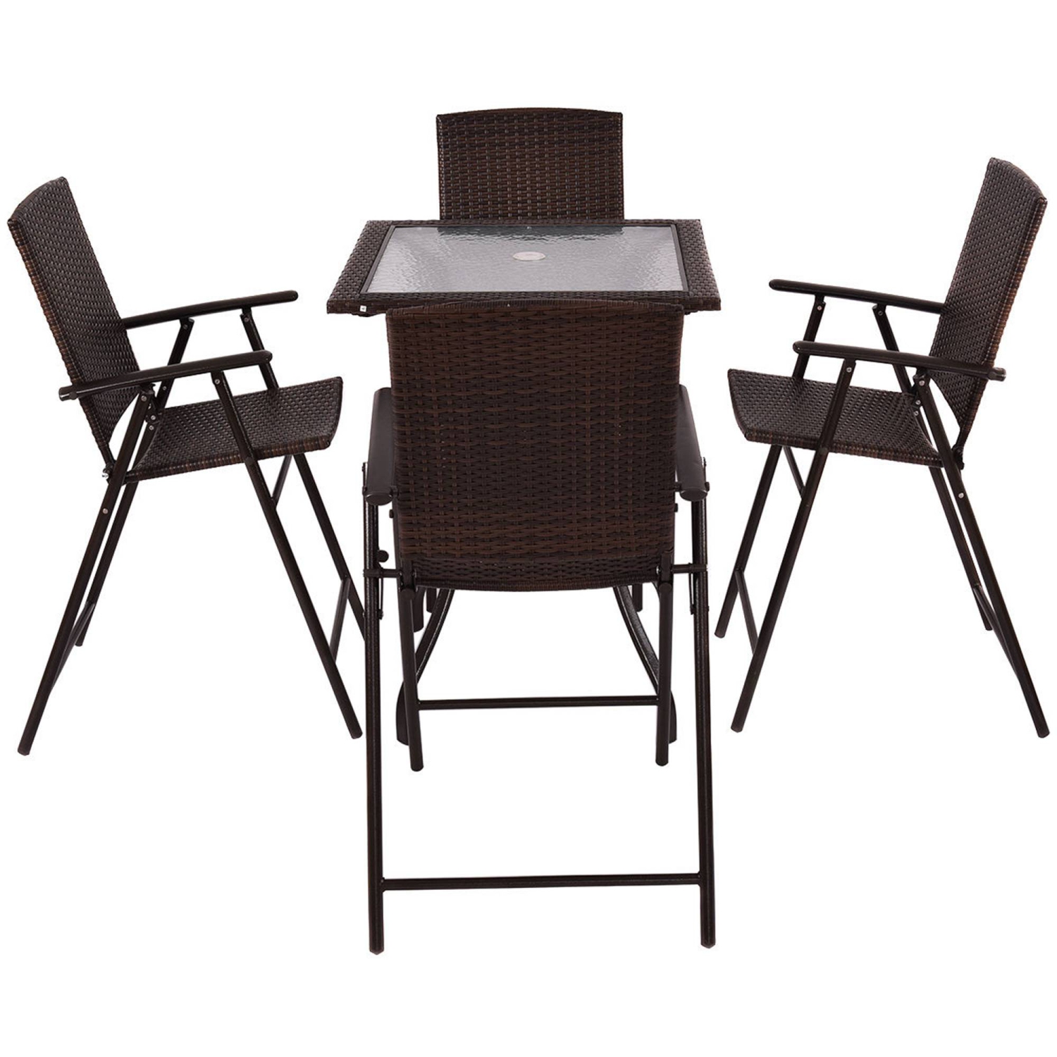 Costway 5Pcs Patio Dining Set 4 Rattan Bar Stool Folding Chair Bar Table with Glass Top
