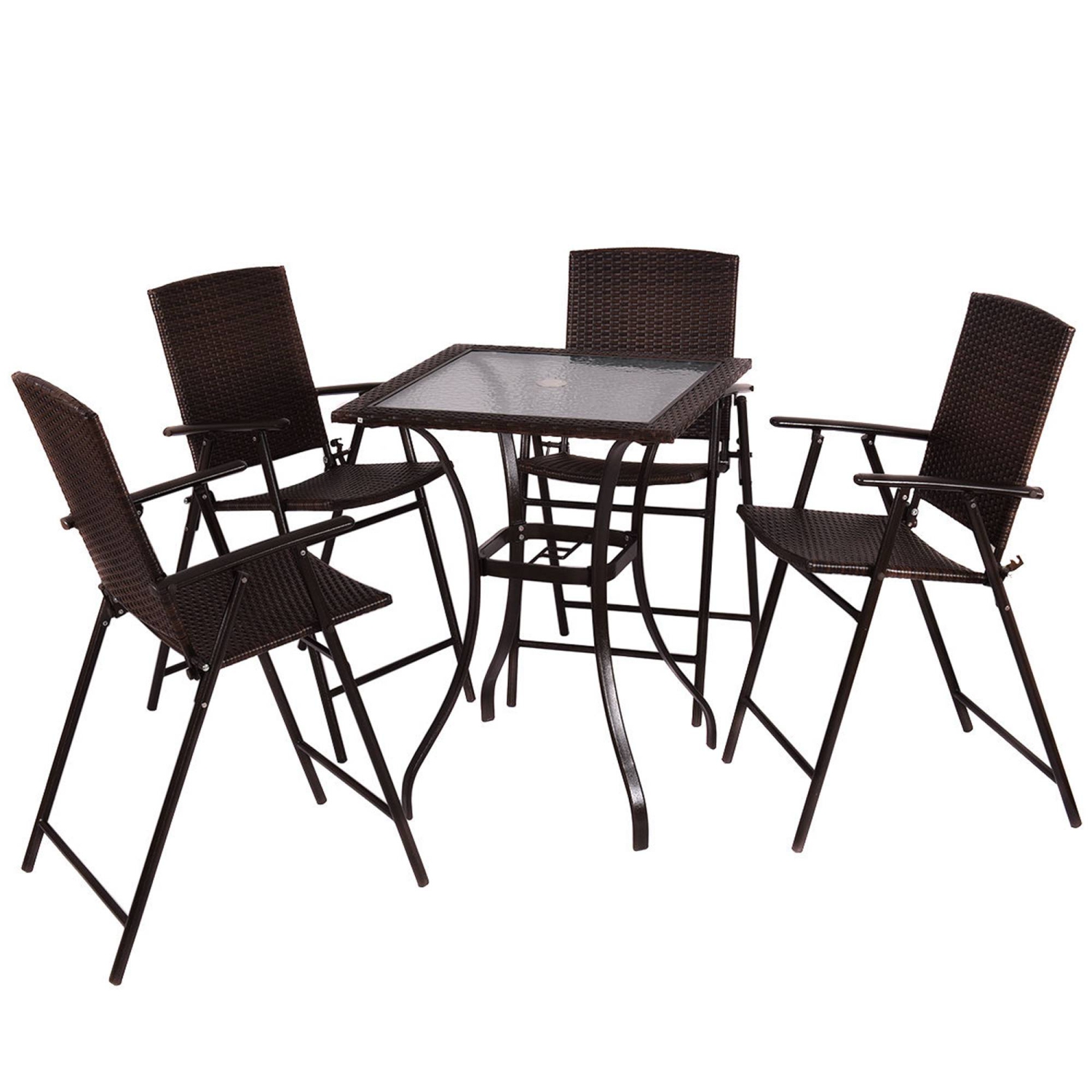 Costway 5Pcs Patio Dining Set 4 Rattan Bar Stool Folding Chair Bar Table with Glass Top