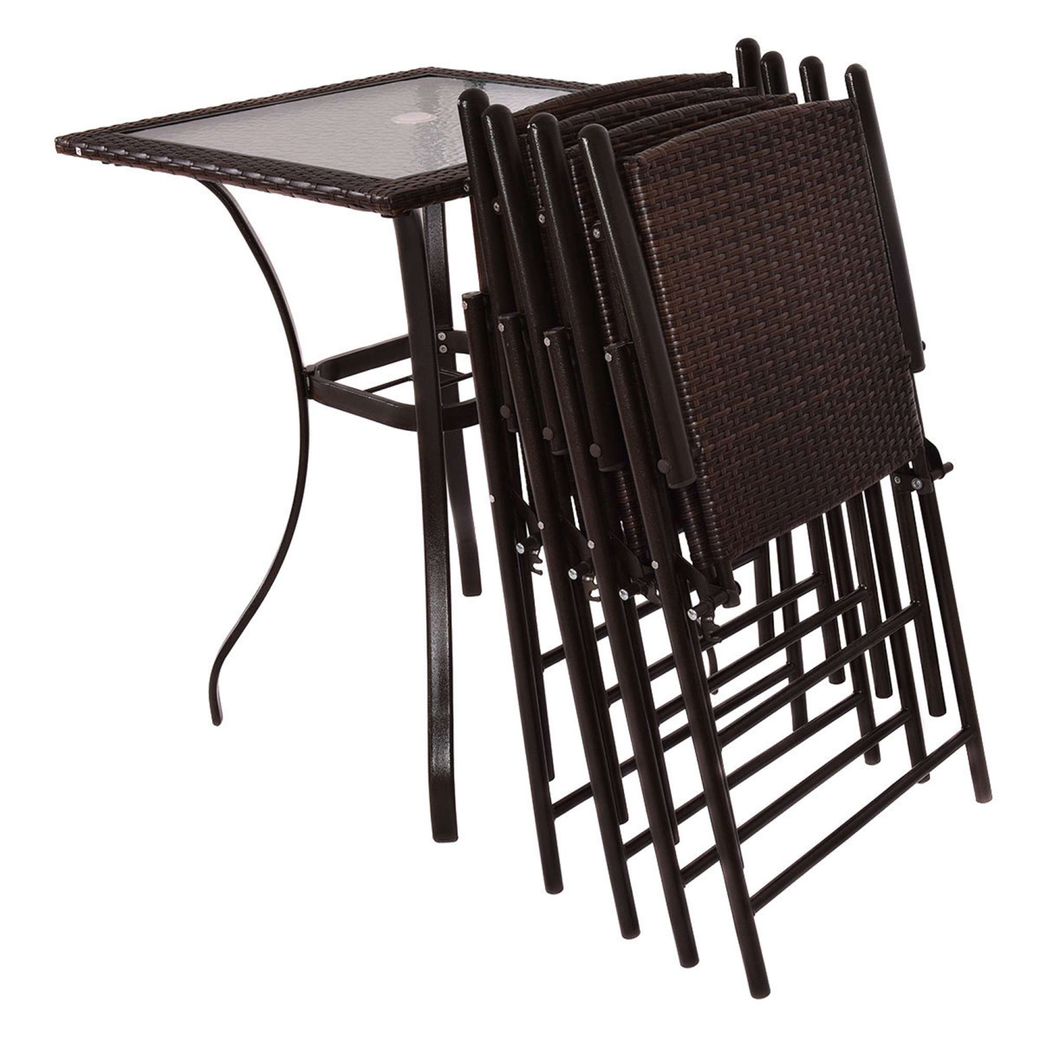 Costway 5Pcs Patio Dining Set 4 Rattan Bar Stool Folding Chair Bar Table with Glass Top