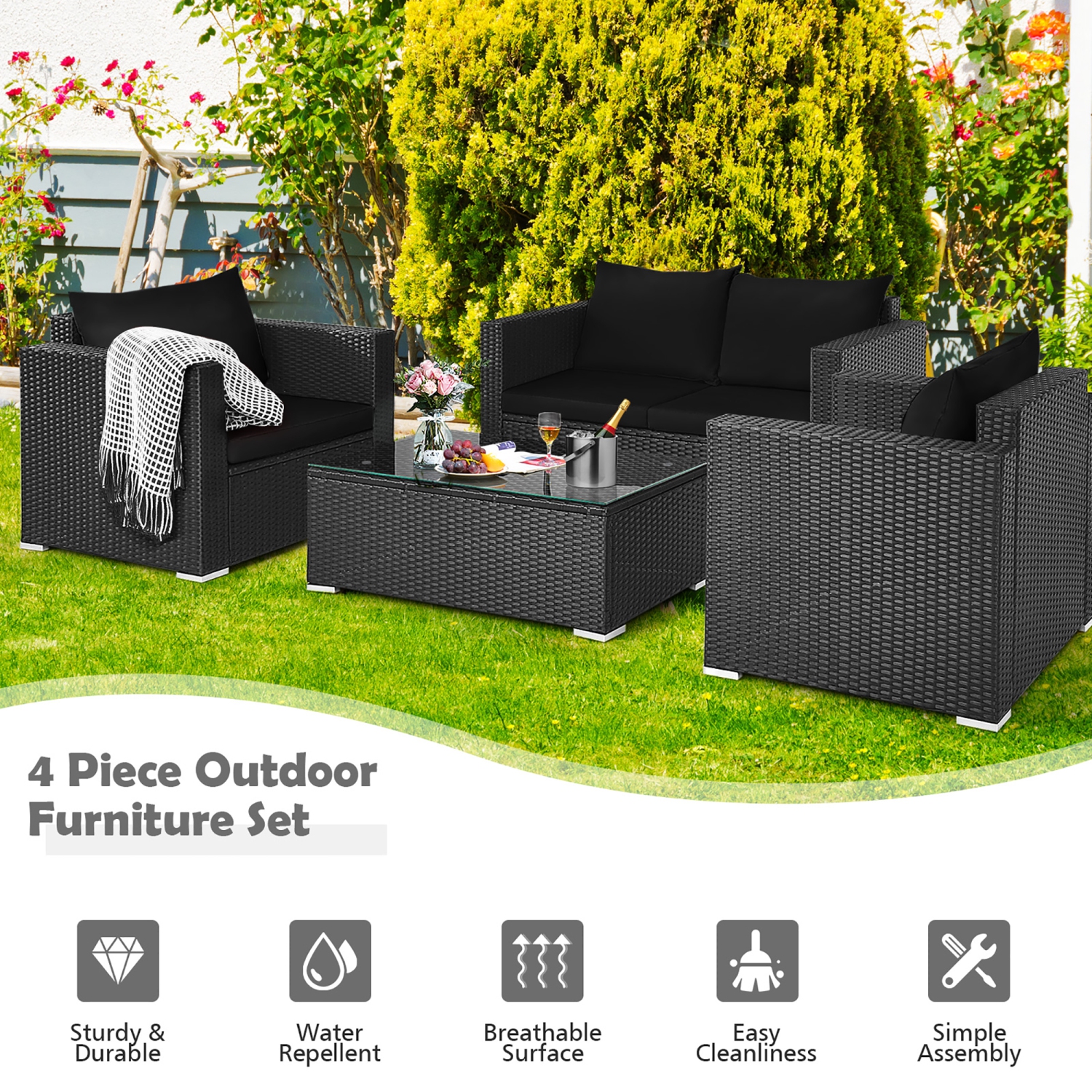 Ensemble de meubles de patio en rotin 4 pièces de Costway Chaise de canapé coussinée Table basse noire