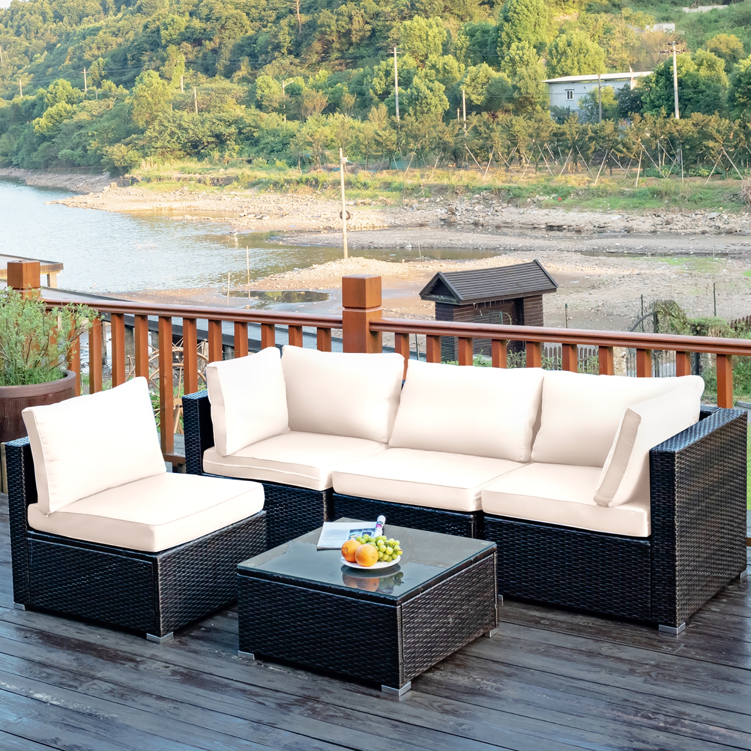 Costway 5PCS Patio Rattan Furniture Set Cushioned Sofa Chair Coffee Table