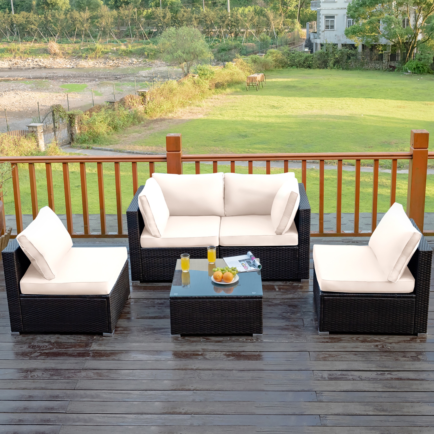 Costway 5PCS Patio Rattan Furniture Set Cushioned Sofa Chair Coffee Table